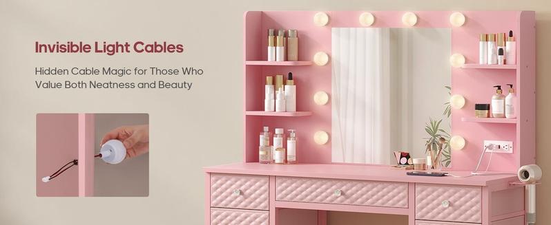 Sikaic Makeup Vanity with 11 Drawers and 6 Open Shelves Pink Modern Dressing Table with 3 Color Modes Lights, Power Strip and Storage high quality Sikaic Makeup Vanity with 11 Drawers and 6 Open Shelves Pink Modern Dressing Table with 3 Color Modes Lights, Power Strip and Storage high quality