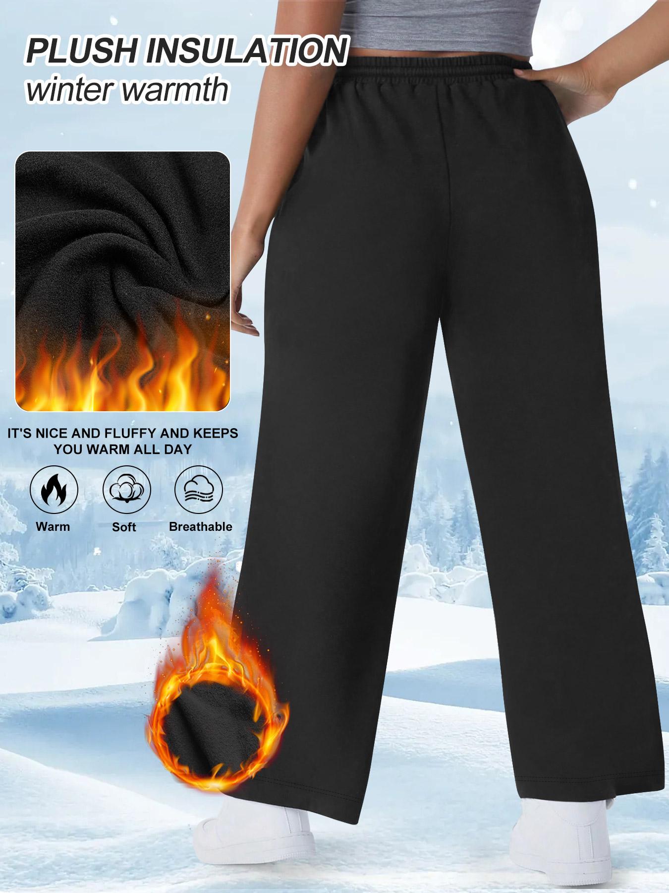 Plus Size Women's High Stretch Fleece Wide Leg Pants with Drawstring Pockets, Warm Comfortable Fall Winter, Casual Daily Wear