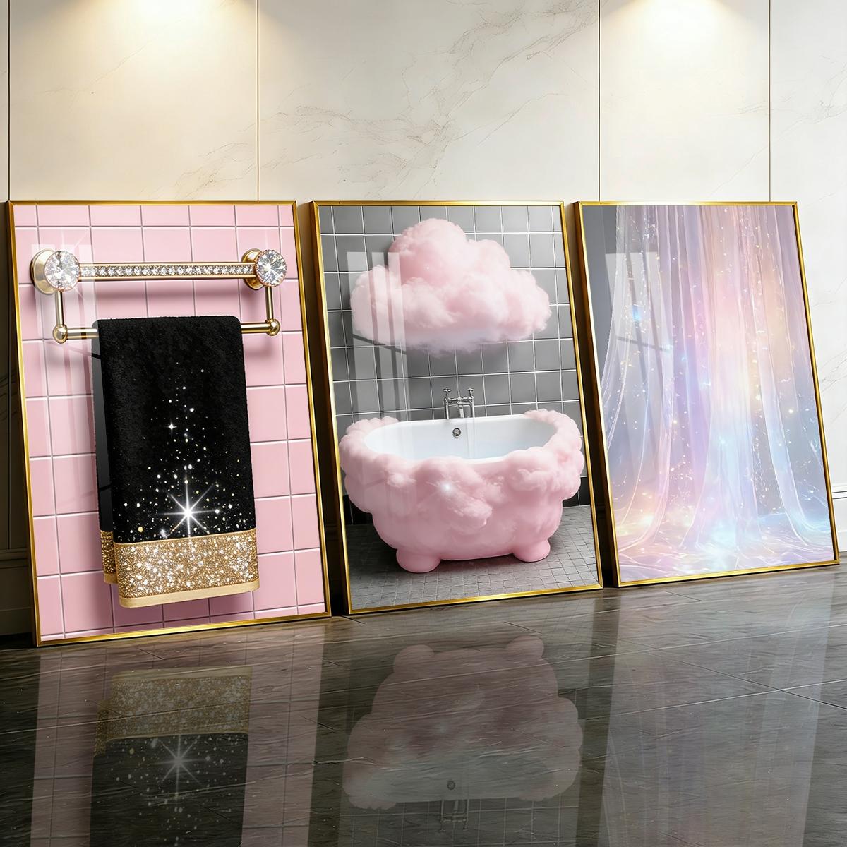 3 Counts Aluminum Alloy Framed Painting, Sparkling Bathroom Luxury Cloud And Curtain Art Pictures, Home Decoration For Living Room, Bedroom, Office, Restaurant, Hallway Wall Decor, Odorless Print Artwork, Luxury Perfect Gift For Friends And Family