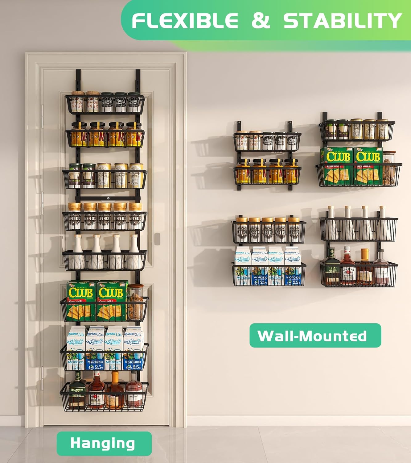 16 Inch Wide Narrow Over The Door Pantry Organizer, Pantry Organization and Storage, Black 8-Tier Metal Hanging Deep Basket Wall Spice Rack Seasoning Shelves, Home & Kitchen Essentials A