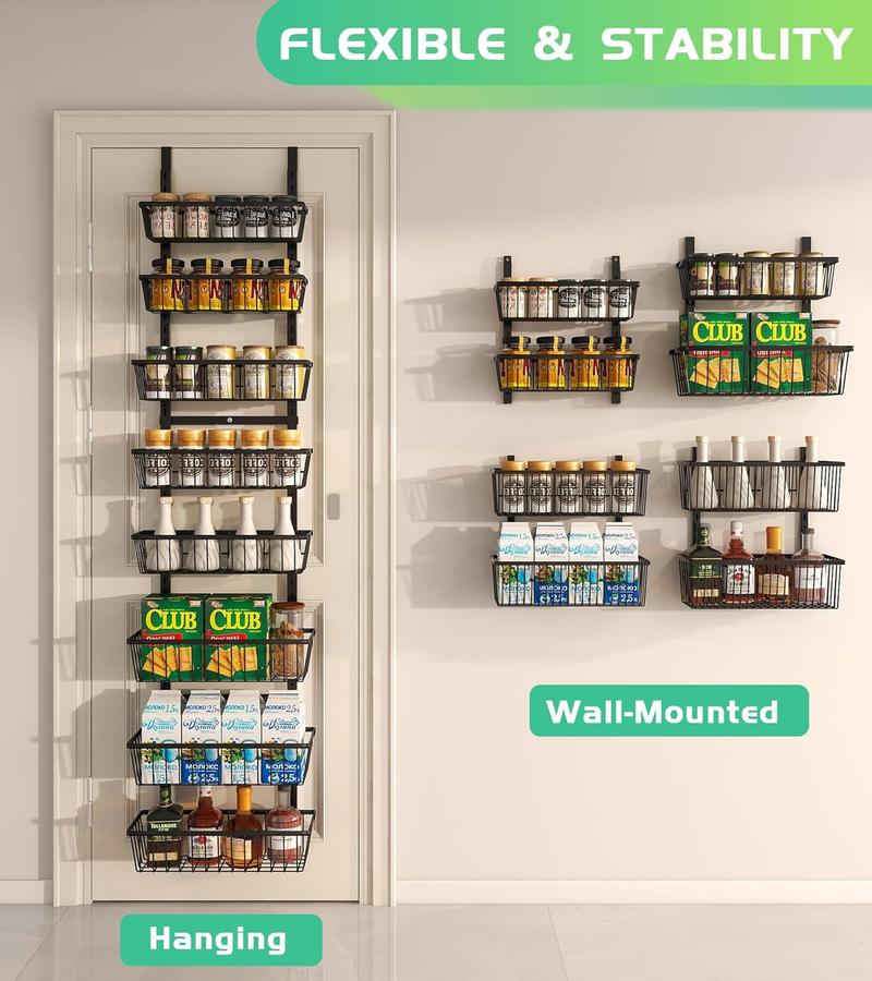 16 Inch Wide Narrow Over The Door Pantry Organizer, Pantry Organization and Storage, Black 8-Tier Metal Hanging Deep Basket Wall Spice Rack Seasoning Shelves, Home & Kitchen Essentials A