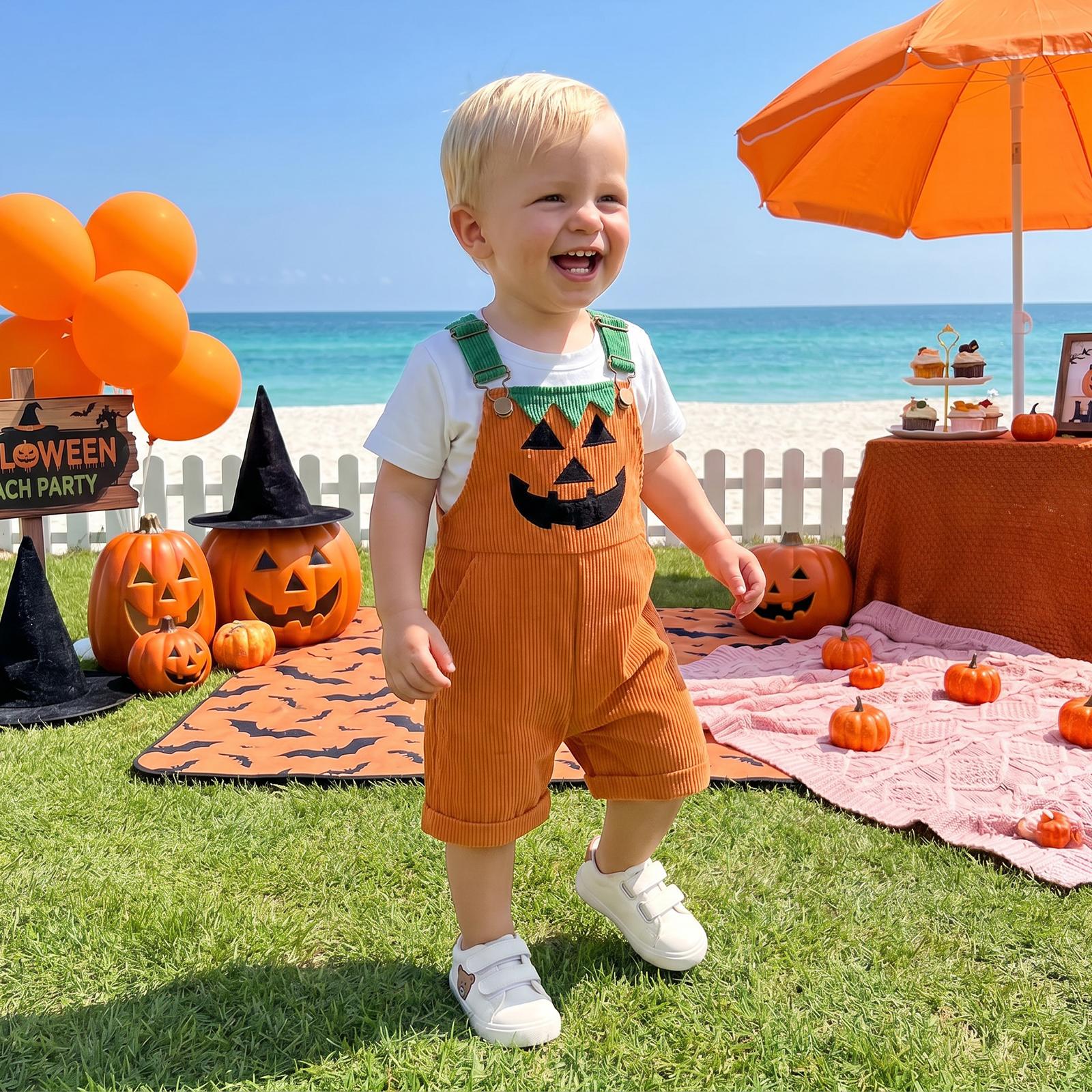 Toddler Baby Boy Halloween Overalls with Pockets Ribbed Devil Face Pattern Sleeveless Jumpsuit