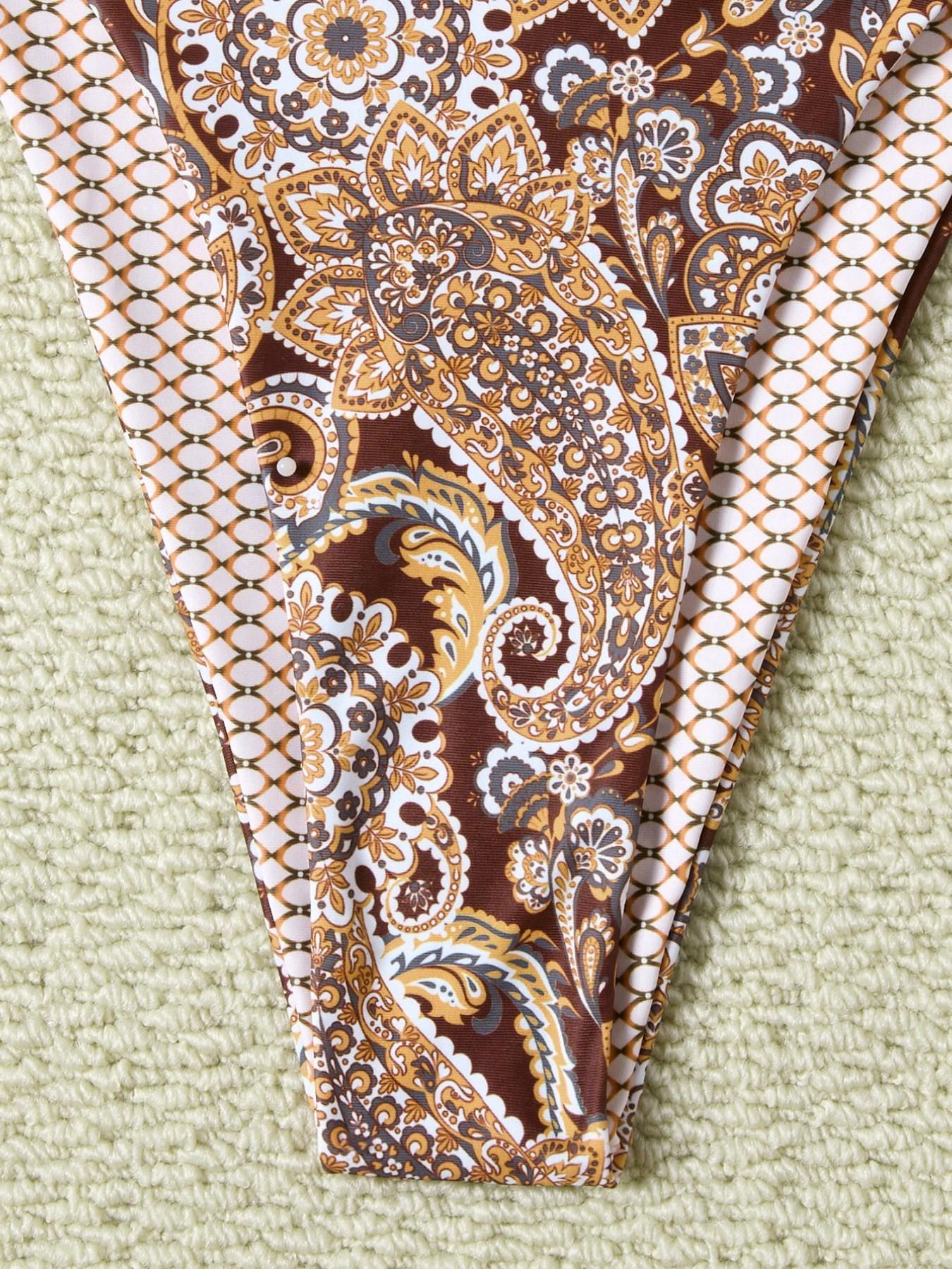 Swim Women's Summer Vacation Beach Paisley Print Swimsuit Halterneck Bikini Set, Random Print