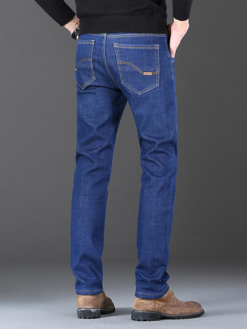 Men's Fleece Lined Thick Denim Jeans, Loose Straight Leg Elastic Big Size Business Casual Pants for Fall Winter, Comfortable & Stylish