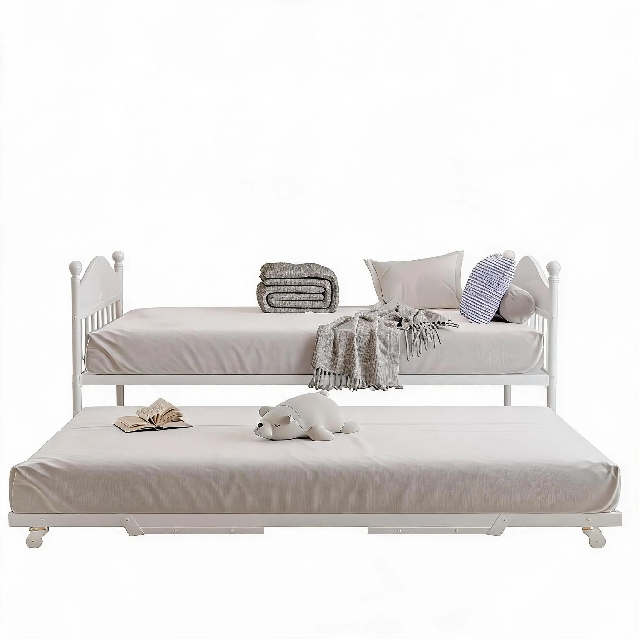 GARVEE White Twin Daybed with Foldable Trundle, Metal Frame Sofa Bed Featuring Stylish Headboard for Bedroom, Living Room, and Guest Room