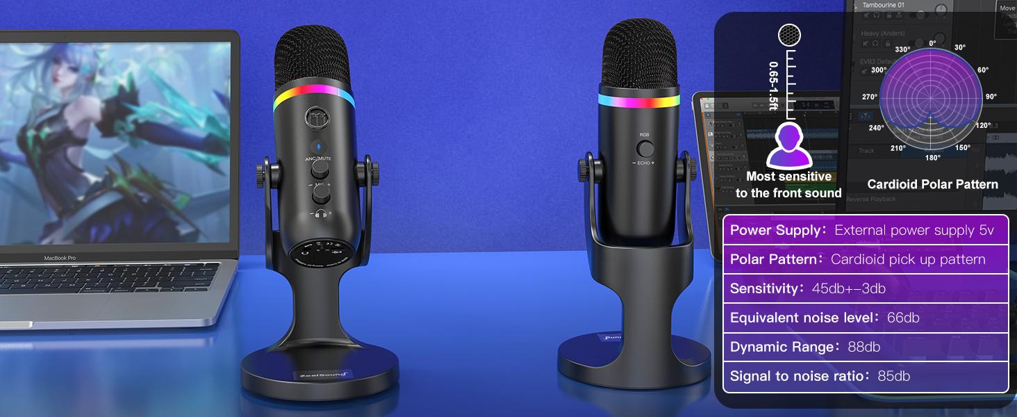 ZealSound USB Microphone,Noise Cancellation Condenser mic with Touch Mute,Gain,Echo,Monitoring,RGB Light for iPhone,iPad,Streaming,Podcast,Twitch,YouTube,Discord,PC,Computer,PS4,PS5,Mac,GamerWave K66 Audio Smartphone streaming equipment