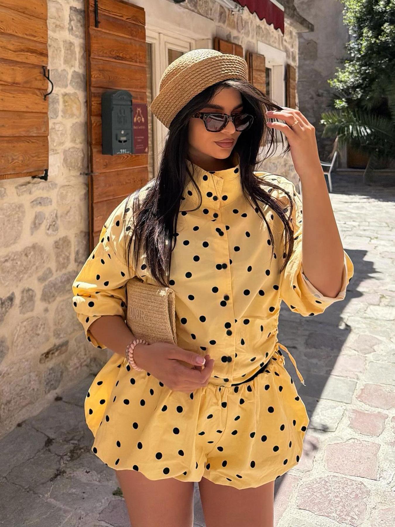 Women's Spring Summer Fashion Polka Dot Print Shorts Set, Long Sleeve Button Front Shirt Jacket, Elastic Waist Balloon Pants, Elegant Casual