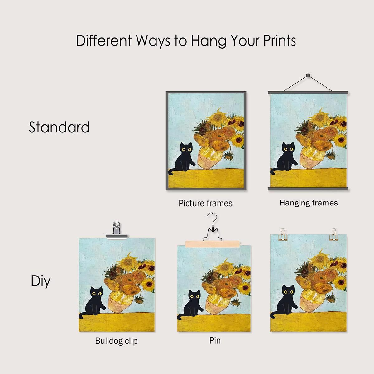 2 Piece Set Frameless Canvas Poster, Fun Cat Vase Illustration, Wall Art for Bedroom Office Living Room Cafe Bar Home Dorm Decor