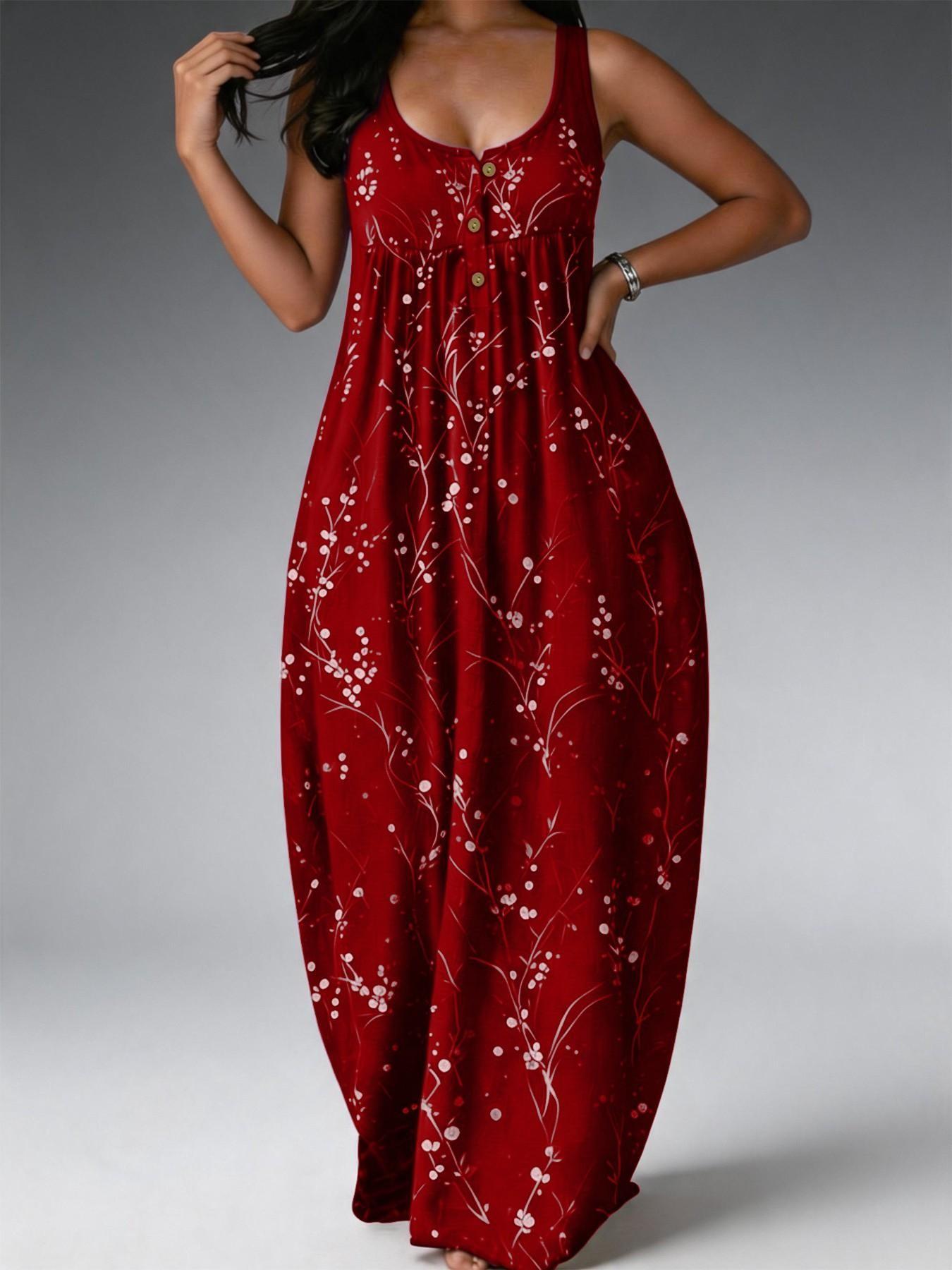 Elegant Plus Size Women's Dress, Loose-Fit Floral Branch Print, Fashionable Chic Sleeveless Long Dress