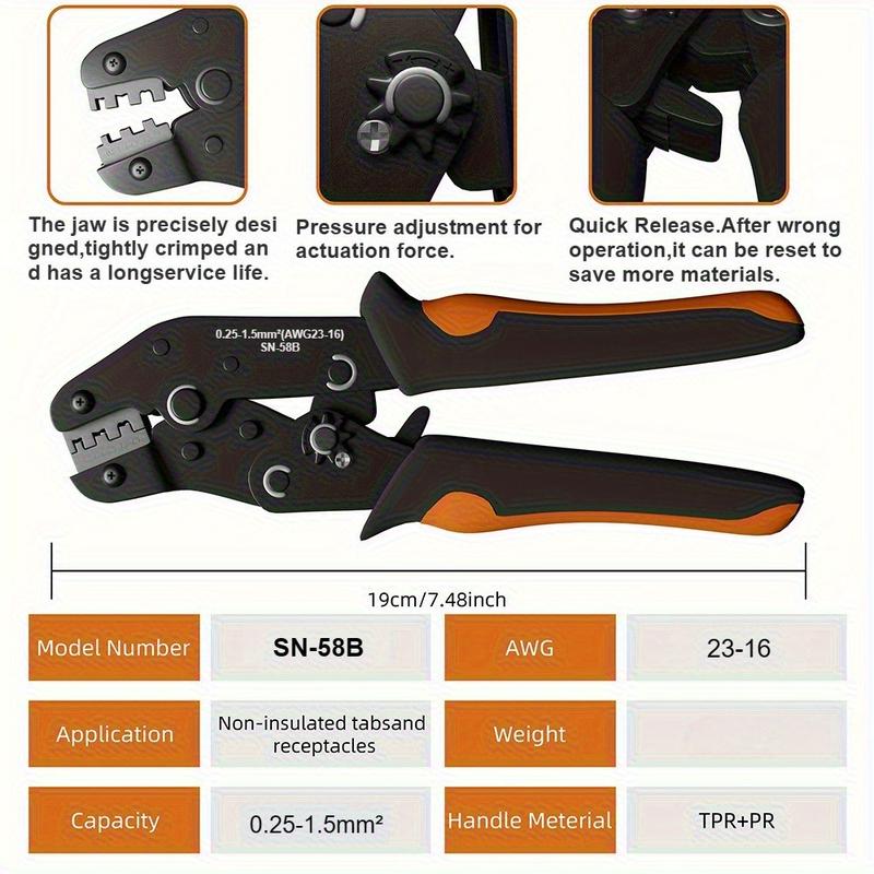 600-piece SN-58B Ratchet Crimping Pliers Set Hand Tools for Crimping AWG 23-16 Terminals, with A 2.8/4.8/6.3mm Male and Female Clamp Connector Combination Kit