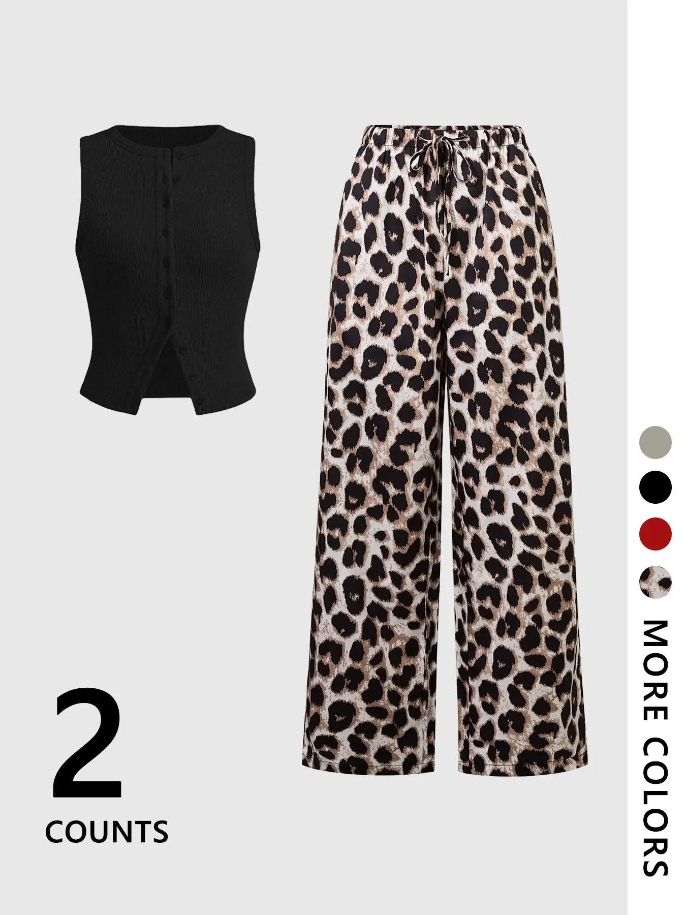 Women's Knit Striped Button Front Split Sleeveless Vest & Leopard Print Drawstring Wide Leg Pants Set, Summer Slim Fit Clothes