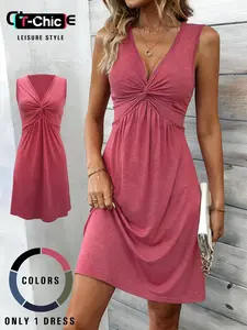 Women's Casual Sleeveless Dress, Cross Neck Design, Ruched A-Line Hem, Slim Fit, Soft Lightweight Fabric, All Seasons Wear
