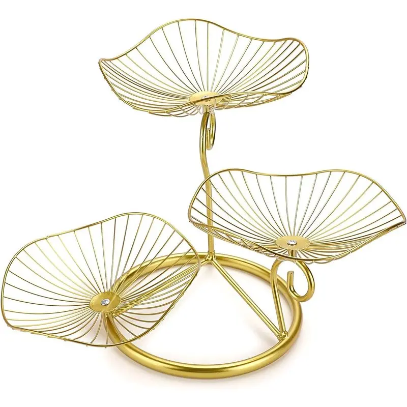 3‑Tier Metal Wire Fruit Basket Stand, Decorative Iron Fruit Bowl for Kitchen Countertop, Multi‑Trays Holder for Fruits Vegetables Bread Snack, Gold Modern Home Organizer