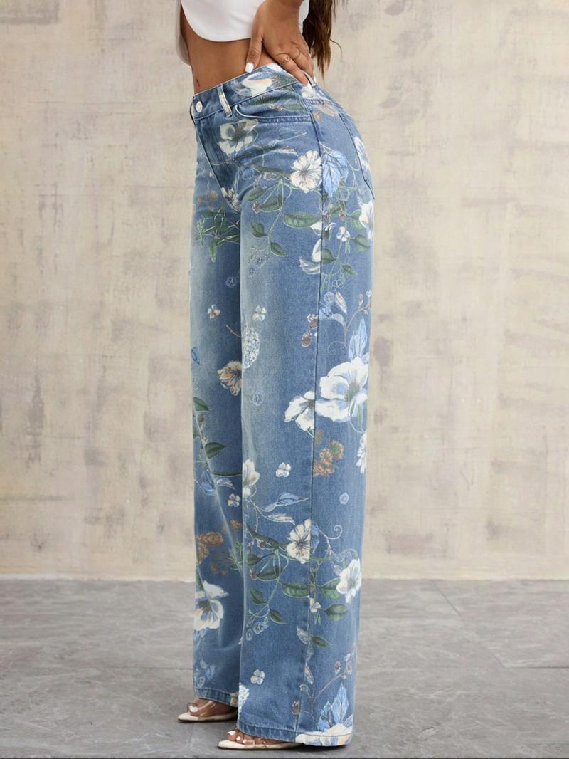 NVFelix High-Rise Vintage Floral Straight Leg Pants for Women Summer Casual Denim Pants Denim Clothing
