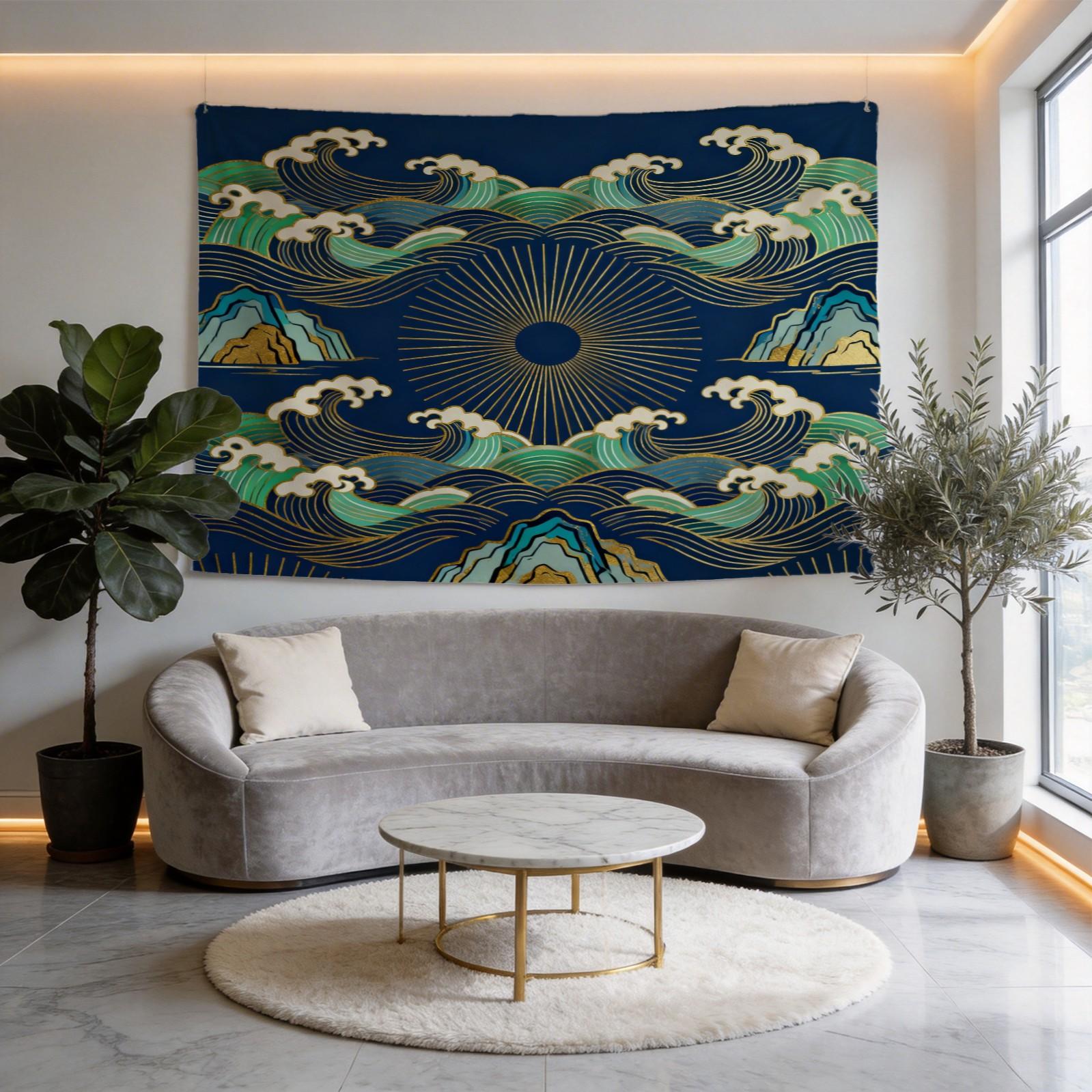 1 Piece Japanese Wave Sun Tapestry, Navy Blue Gold Foil Great Wave HD Digital Print Wall Hanging, Boho Polyester Tapestry, Lightweight Fade-Resistant, Easy to Hang for Bedroom, Living Room & Dorm