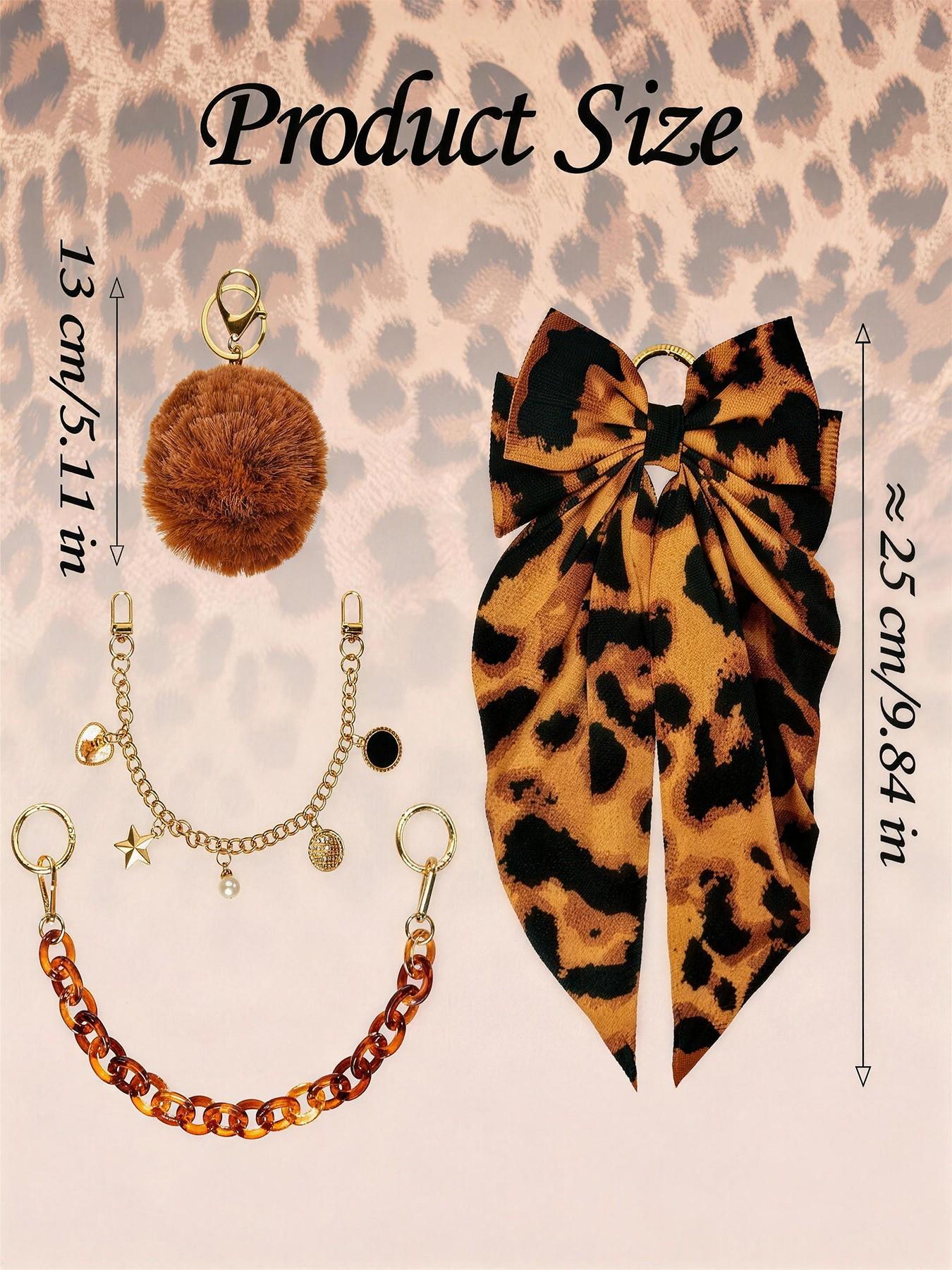 4PCS Leopard Tote Bag Accessories Set, 2 Chains, Satin Bow & Pom Pom, Handbag Decor Kit for Women, Bag Charm Set