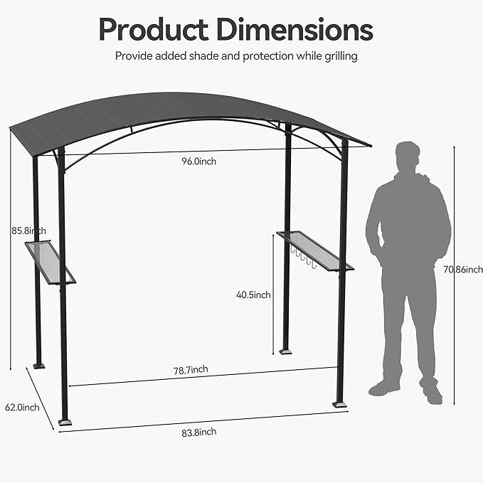 Kullavik 8’x5’ Hardtop Grill Gazebo Black  - Special for Outdoor Barbecue, Aluminum BBQ Gazebo with 2 Side Shelves, Suitable for Outdoor Grilling Station (Iron Top / Polyester Top)