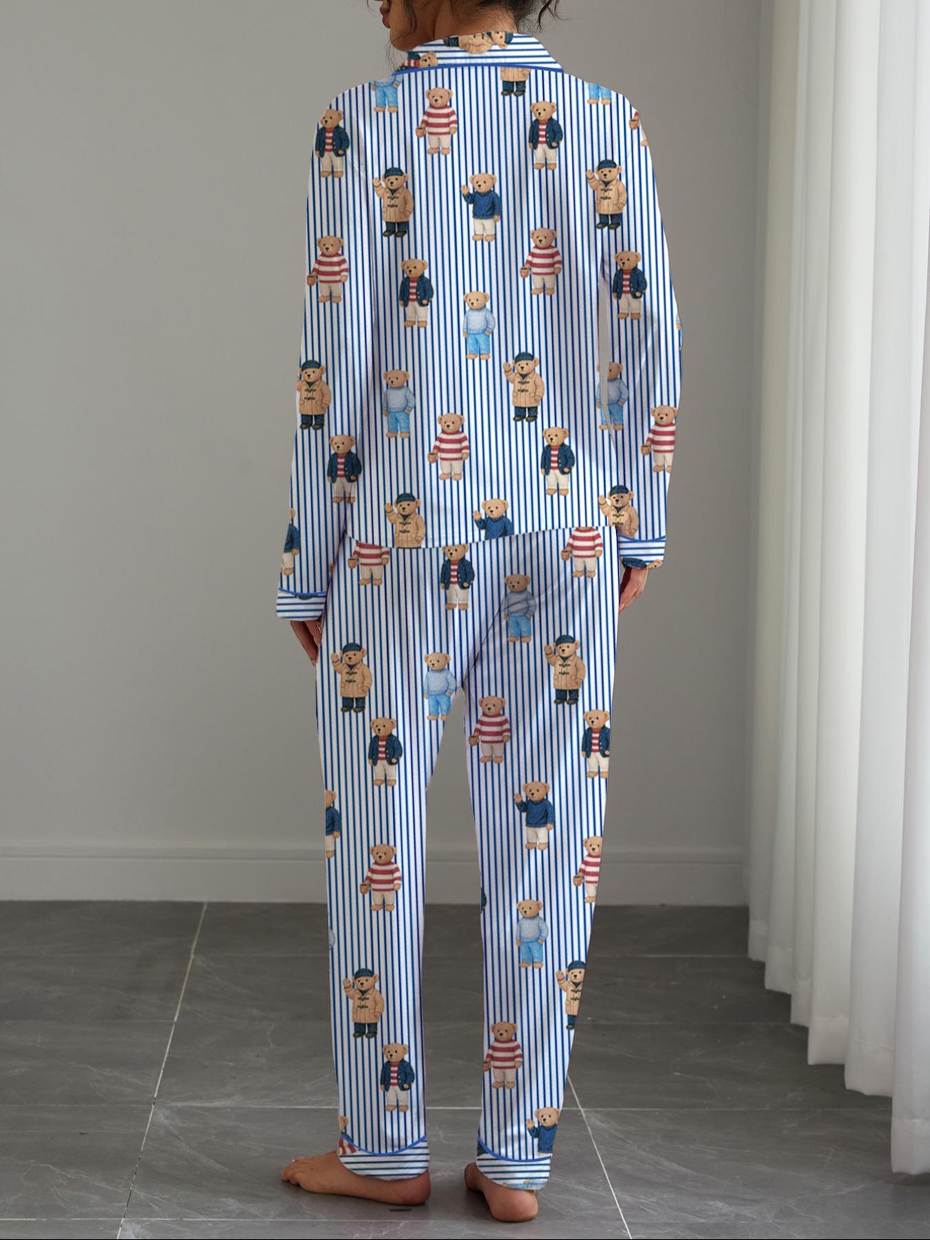 Women's Fall & Winter Pajama Set, Bear Print Sleepwear, Casual Long Sleeve Shirt and Elastic Pants, Soft and Stretchy Fabric