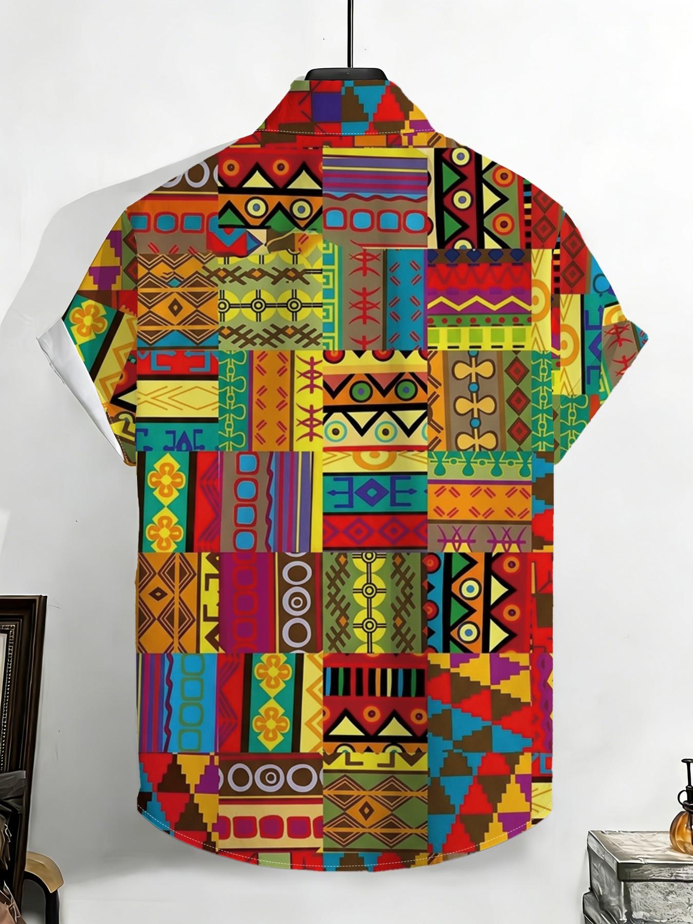 Summer New Men's Short Sleeve Shirt, Vintage African Ethnic Geometric Print, Casual Breathable Beach Holiday Hawaiian Shirt