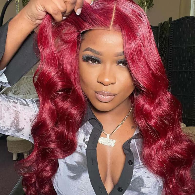 Bling Hair 7X5 Transparent Lace Closure Wig 99j Red Color Body Wave Lace Front Wig Real Hair 100% Real Hair Easy Wear To Go
