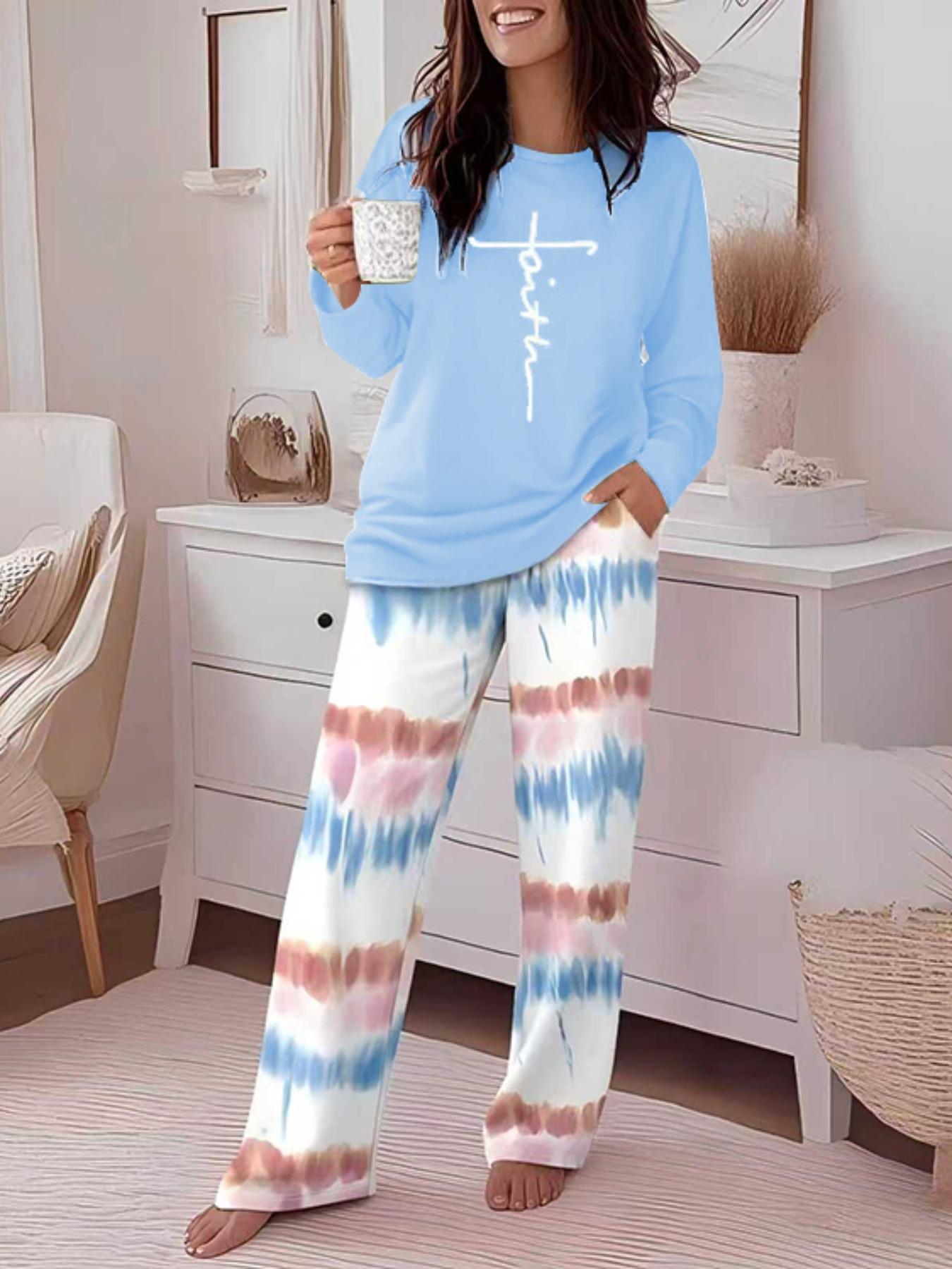 Women's Casual Printed Round Neck Long Sleeve Top & Gradient Print Pants Set, Soft Comfortable Home Wear Loungewear, All Seasons Fitted