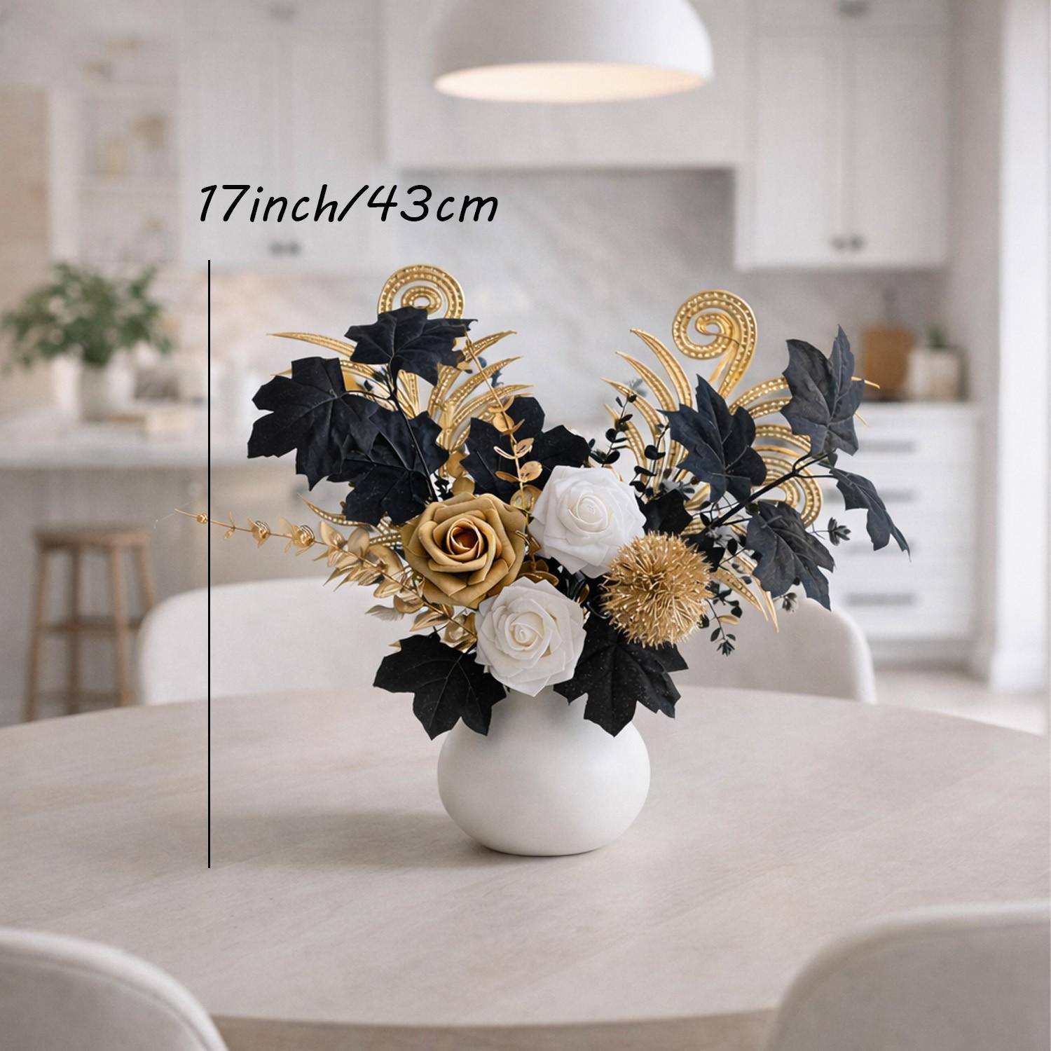 Beautiful Realistic Artificial Flower Bouquet, Maple Leaf, Gold Rose, Rose, Eucalyptus, Ideal for Weddings, Parties, Gifts