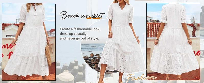 Chouyatou Women's Summer Boho Embroidery Eyelet Dress V-Neck Collared Tiered Midi Tunic Dress