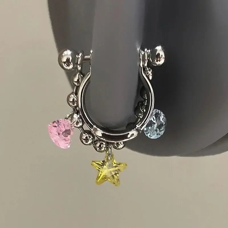 Colorful Star Double Chain Hoop Earrings for Women Stainless Steel Ear Bone Nail Earring Sweet Fashion Piercing Accessories Gift