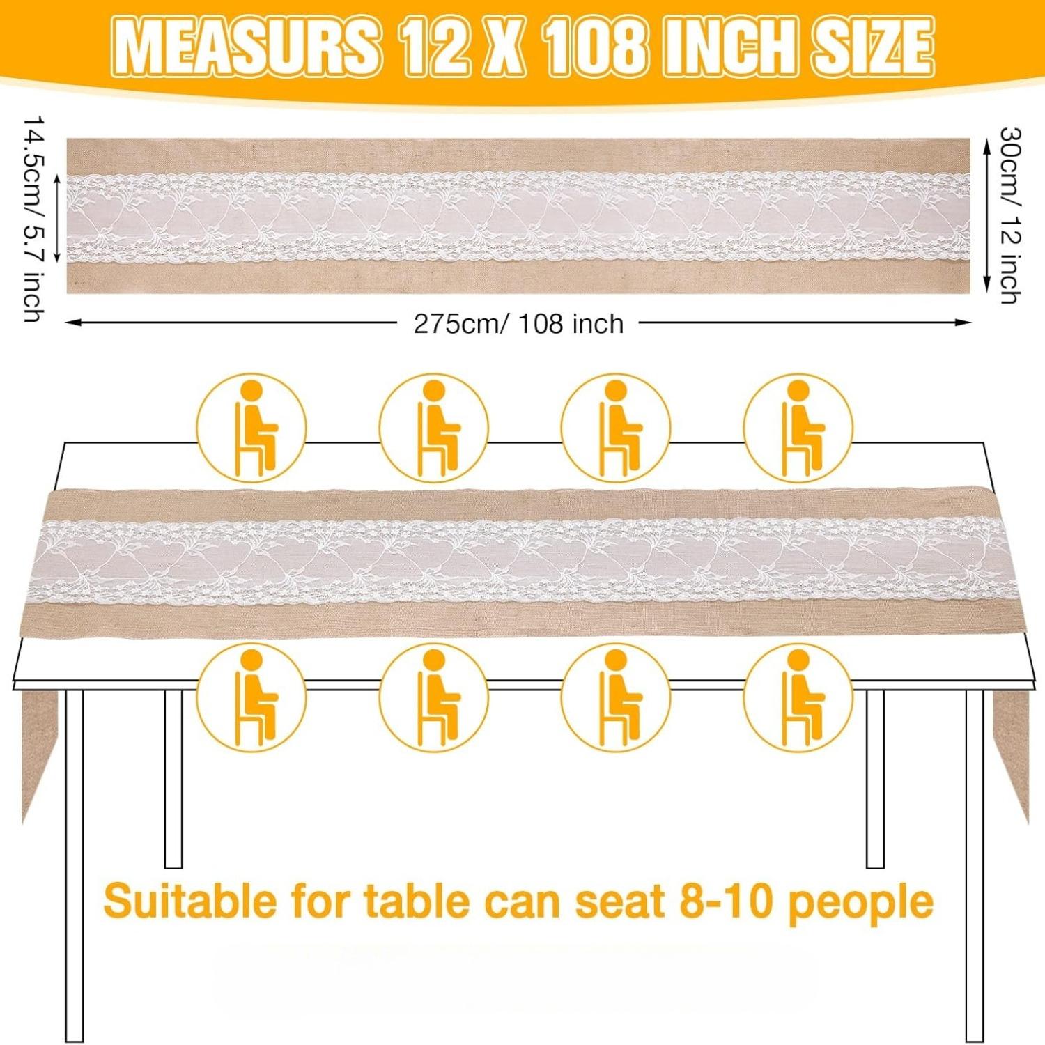 Burlap Table Runner 12 x 108 Inch White Lace Table Cover Rustic Country Wedding Decor Jute Linen Vintage for Party Farmhouse Home Engagement Holiday Birthday Party Favor