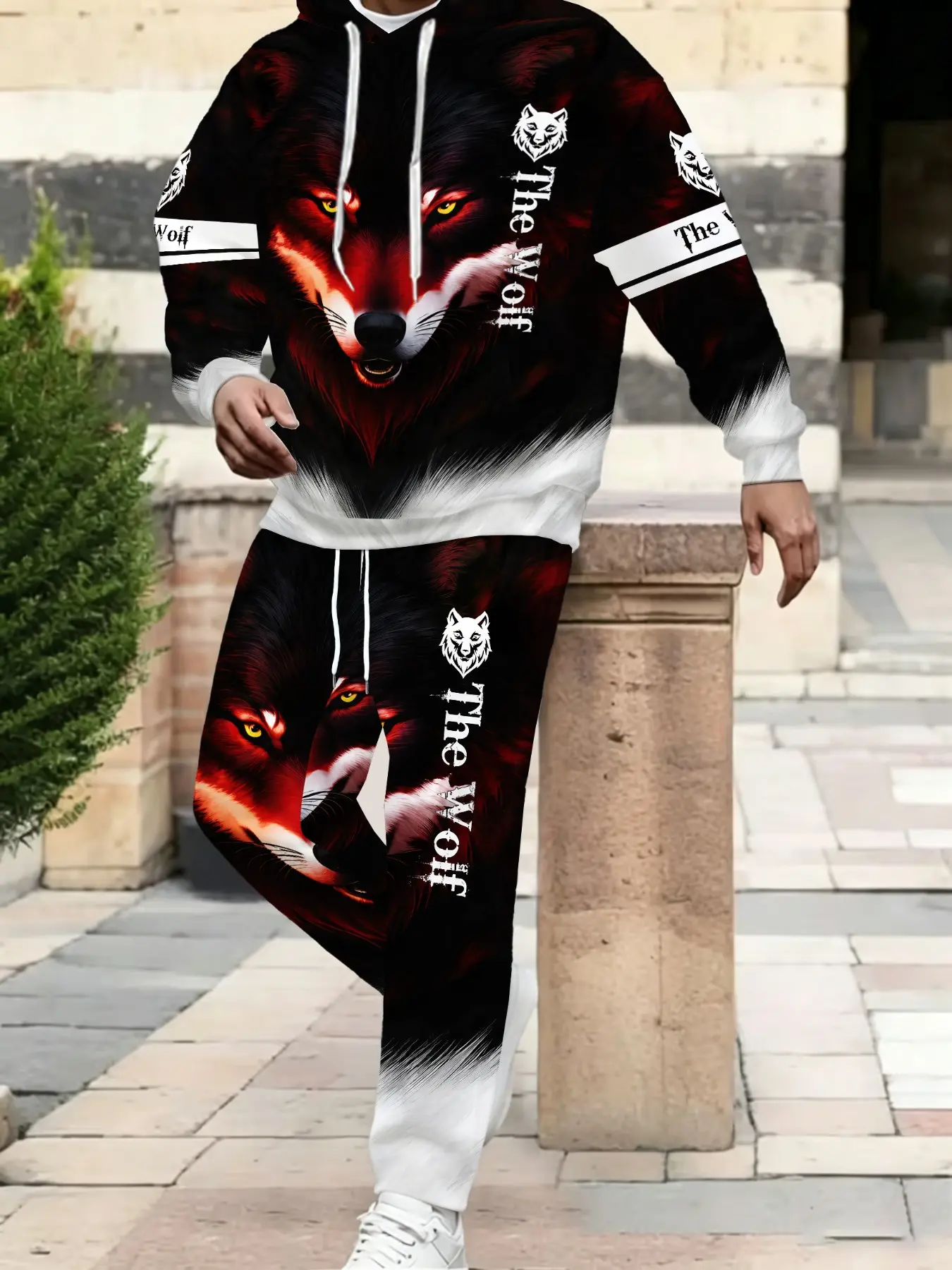 Men's Spring & Fall Hooded, Dark Wolf King Design, Casual Fitness Training Wear, Student Couple Fashion Set, Long Sleeve Fitted Top