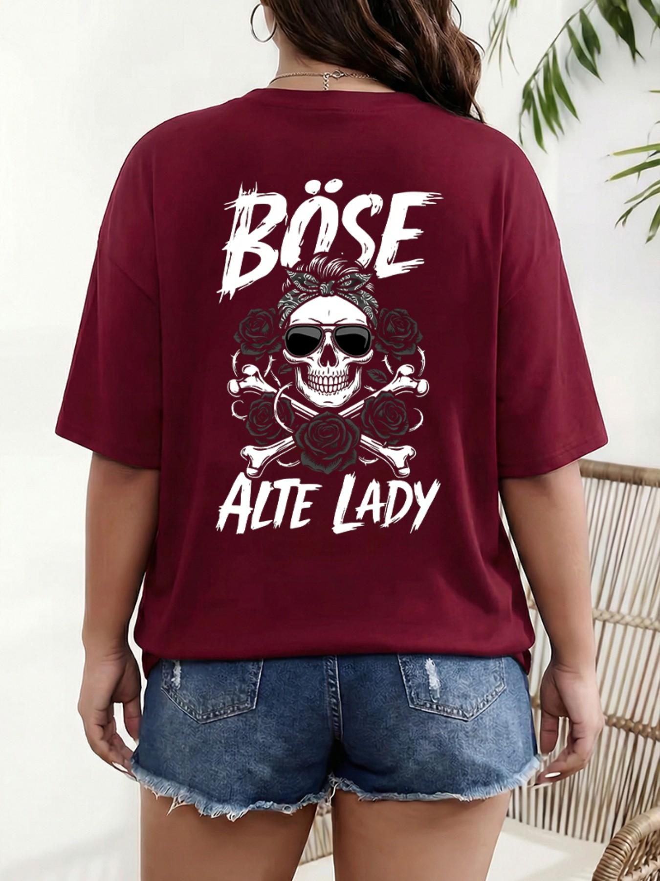 German Retro Design Böse Alte Lady Skull Rose Print Plus Size T-Shirt, Loose Shoulder Pure Cotton Short Sleeve, Casual Summer Top