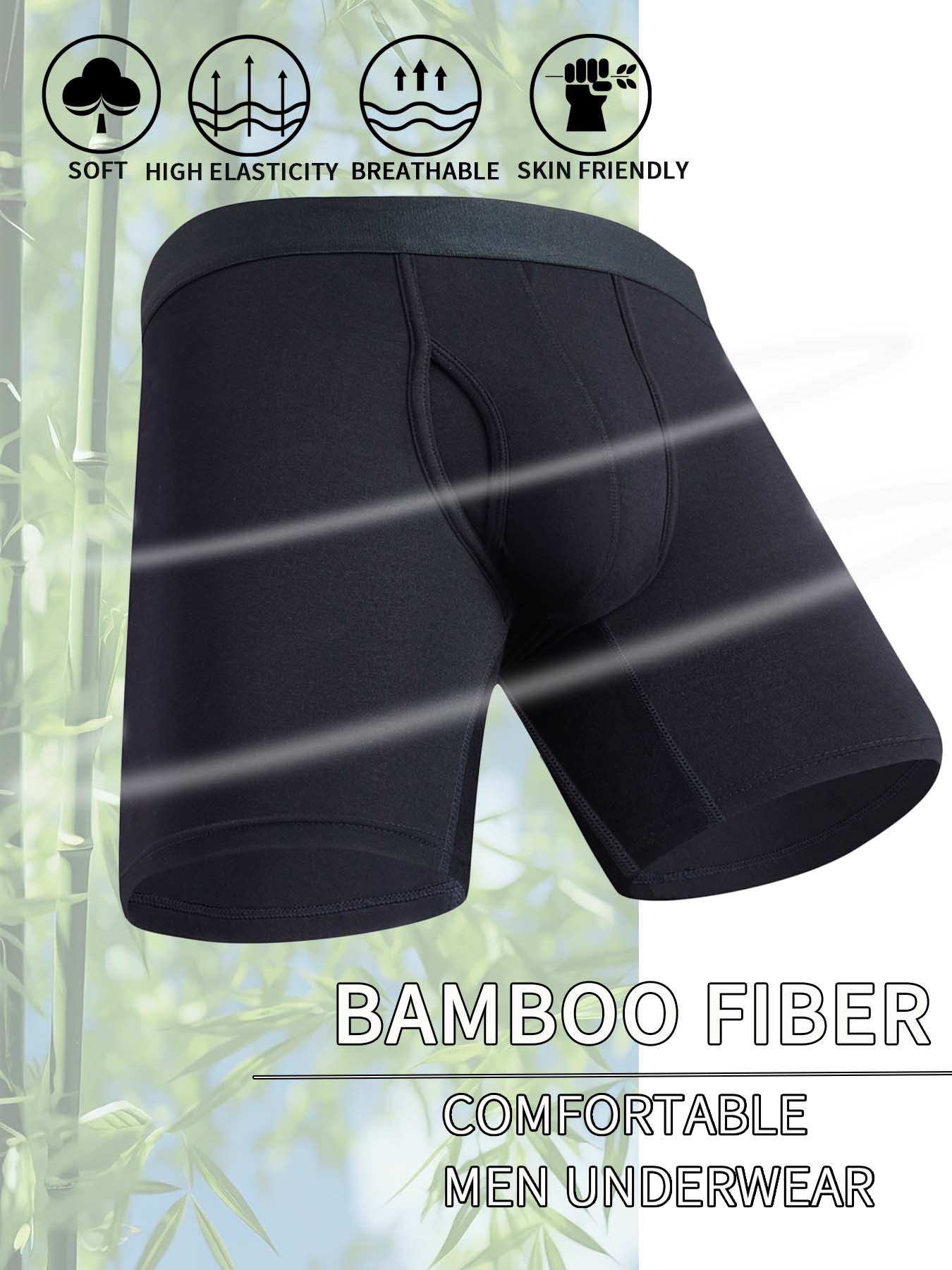 10PCS All Black Men's underwear Bamboo Fibr underwear for men Soft Touch Stretch Long pants Boxer Shorts man Breathable Cool Men's panties