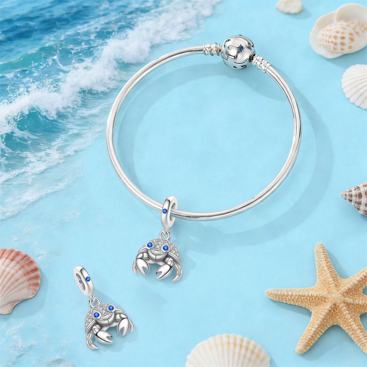 Summer Vacation Crab Dangle Charm, Plated 925 Silver Color, Pave Cz Inlaid, Ocean Themed DIY Jewelry, Beach Holiday Accessory for Women