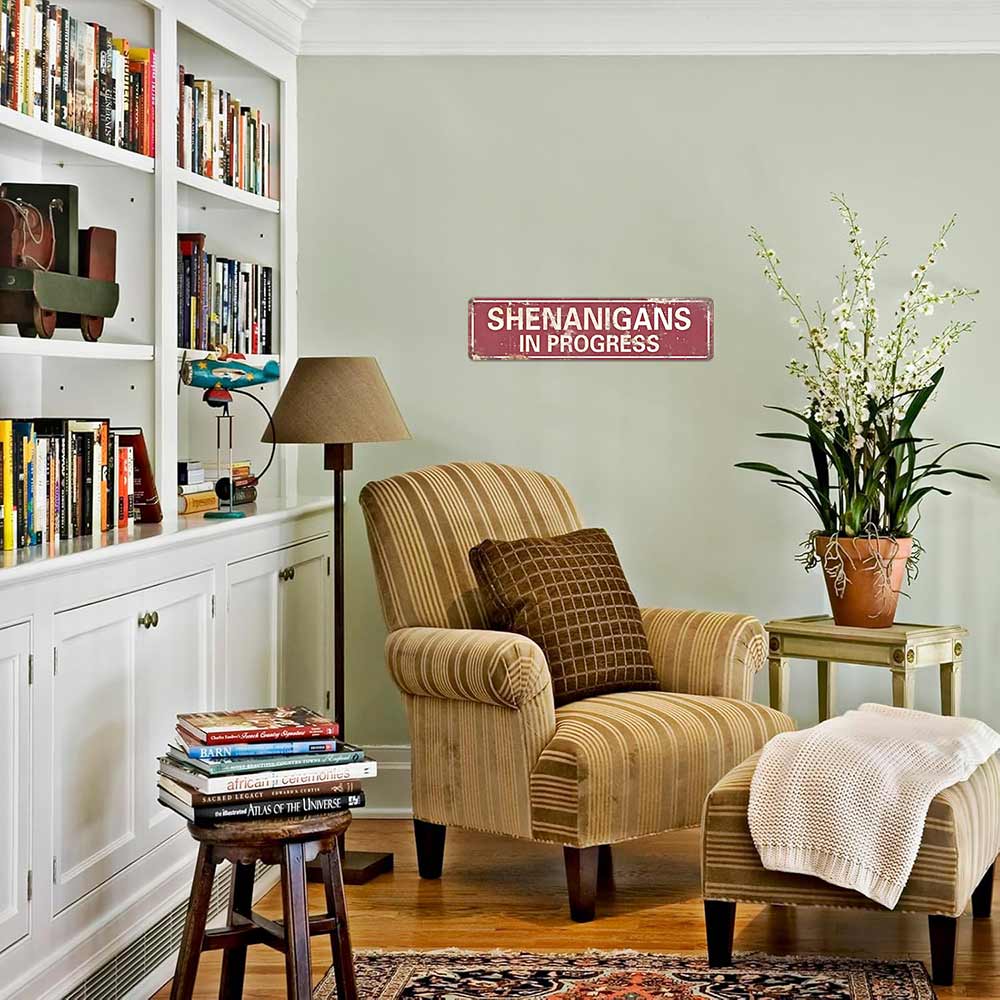 16x4 Inch Aluminum Metal Sign "SHENANIGANS IN PROGRESS" Funny Vintage Rustic Wall Decor for Home Bar Garage Man Cave Game Room Patio Party Decorative Plaque Weatherproof Durable Novelty Wall Art Humorous Gift for Friends Family