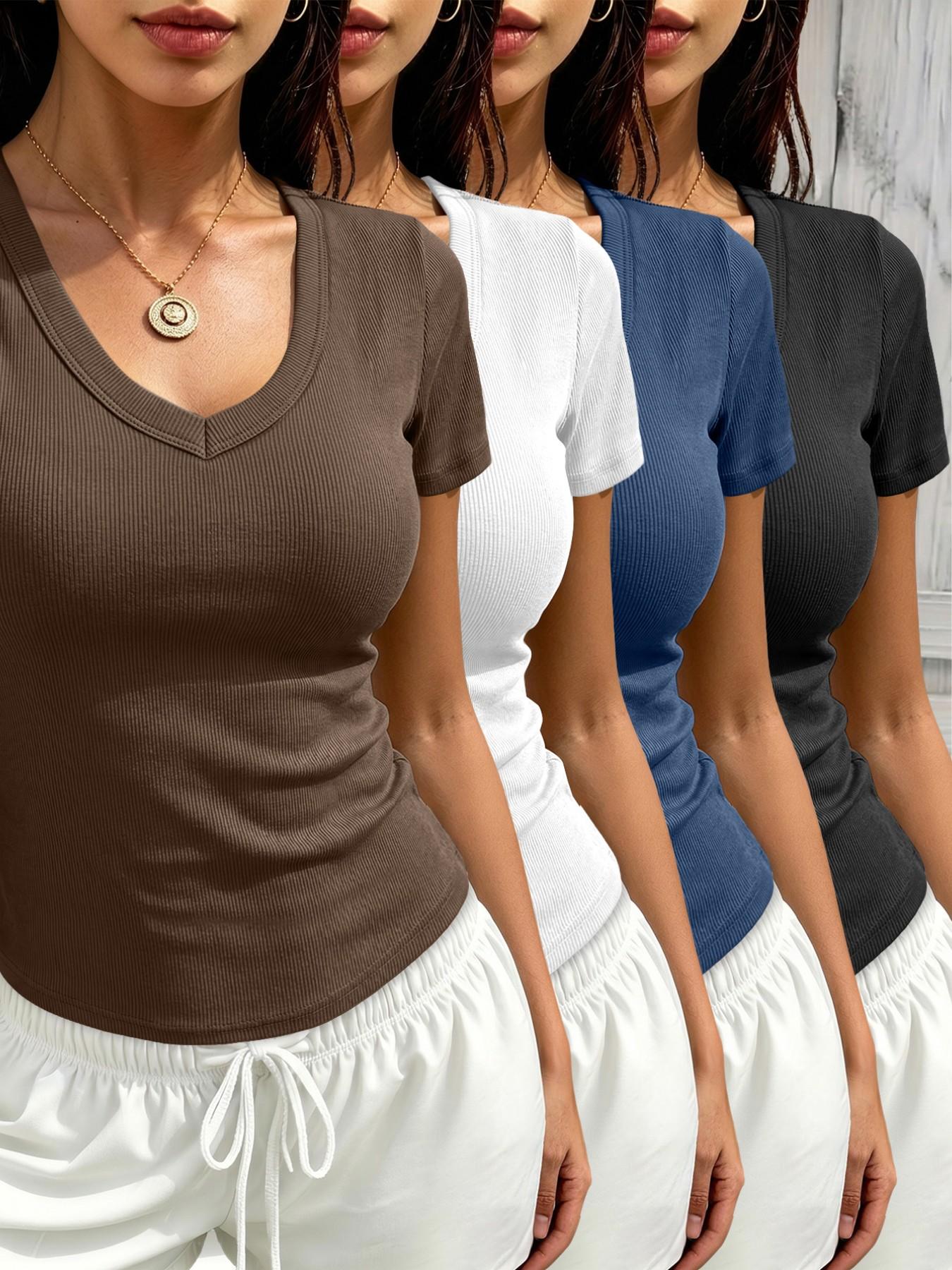 Women's Ribbed V-Neck Short Sleeve Summer T-Shirt 4-Piece Set, Casual Fitted Solid Color, All Seasons Wear, Plain Surface Unlined Design