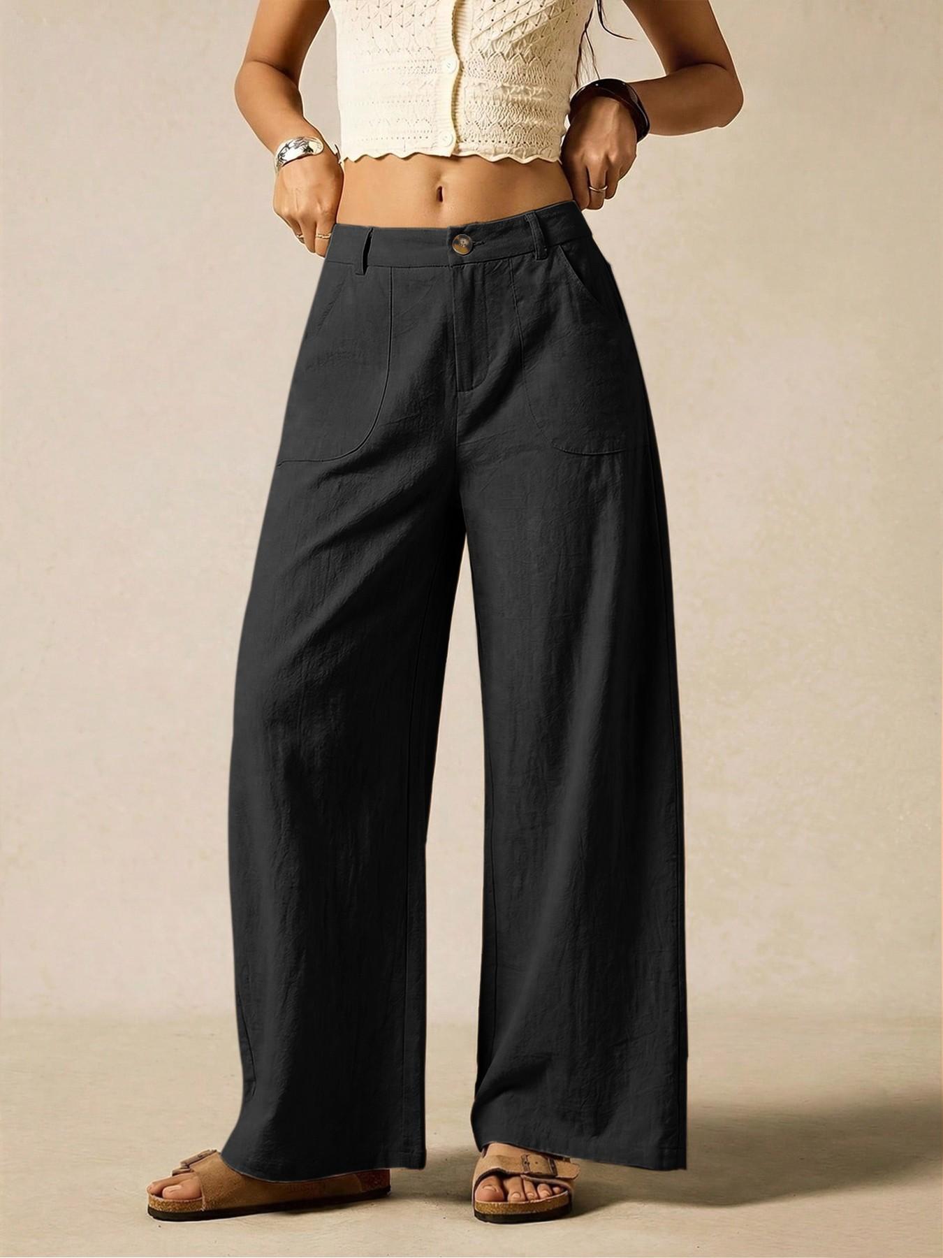 Women's Summer Linen Breathable Lightweight Palazzo Pants Flowy Wide Straight Leg Beach Trousers, Button Pocket Trousers, With Pocket Casual Solid Color Soft Elastic High Waist Travel Vacation Date Brunch Home Work Street wear