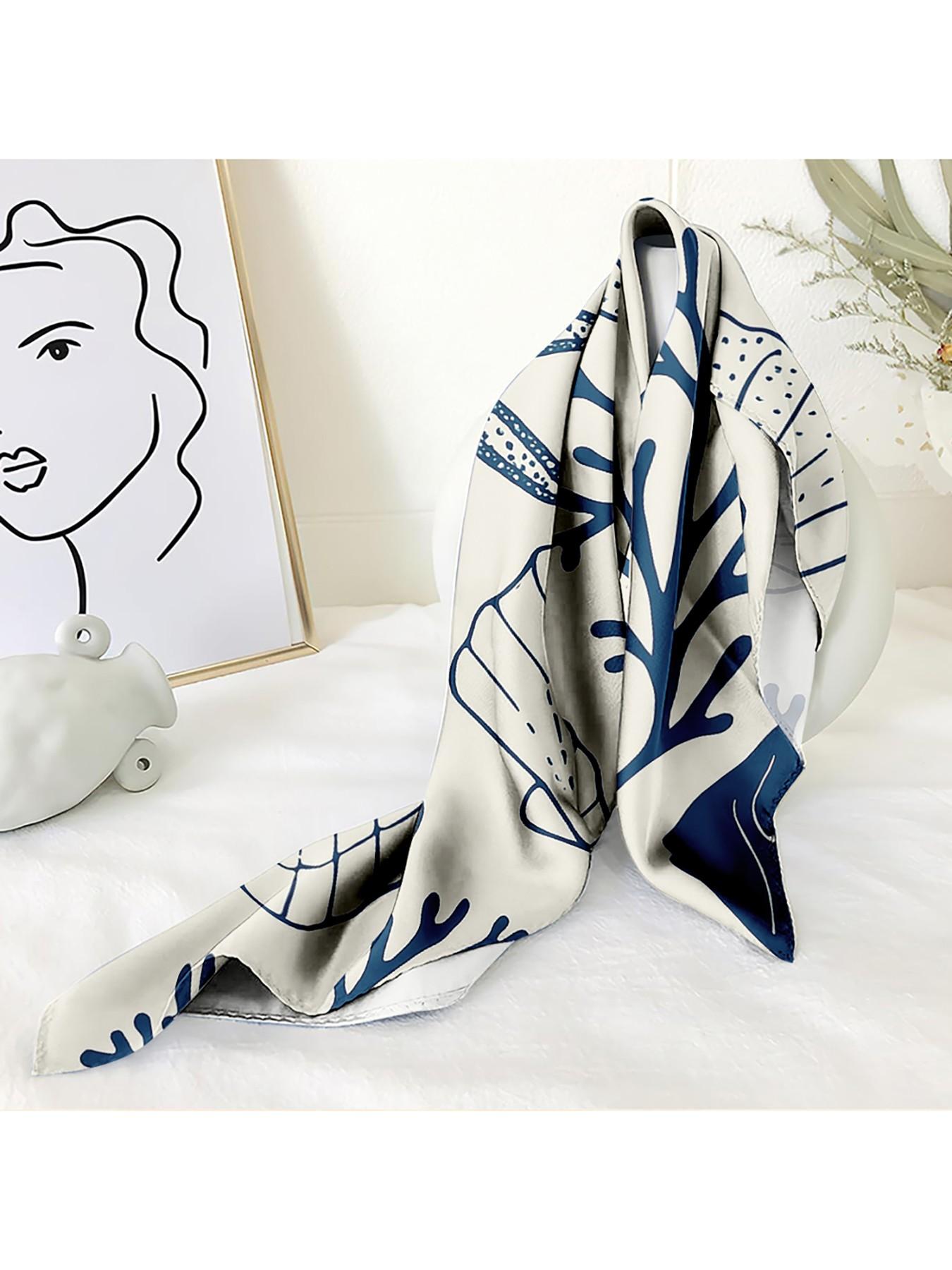 Blue Nautical Shell Star Satin Towel for Women, Beach Vacation Essential, Summer Coastal Accessory, Retro Hair Scarf, Square Scarf