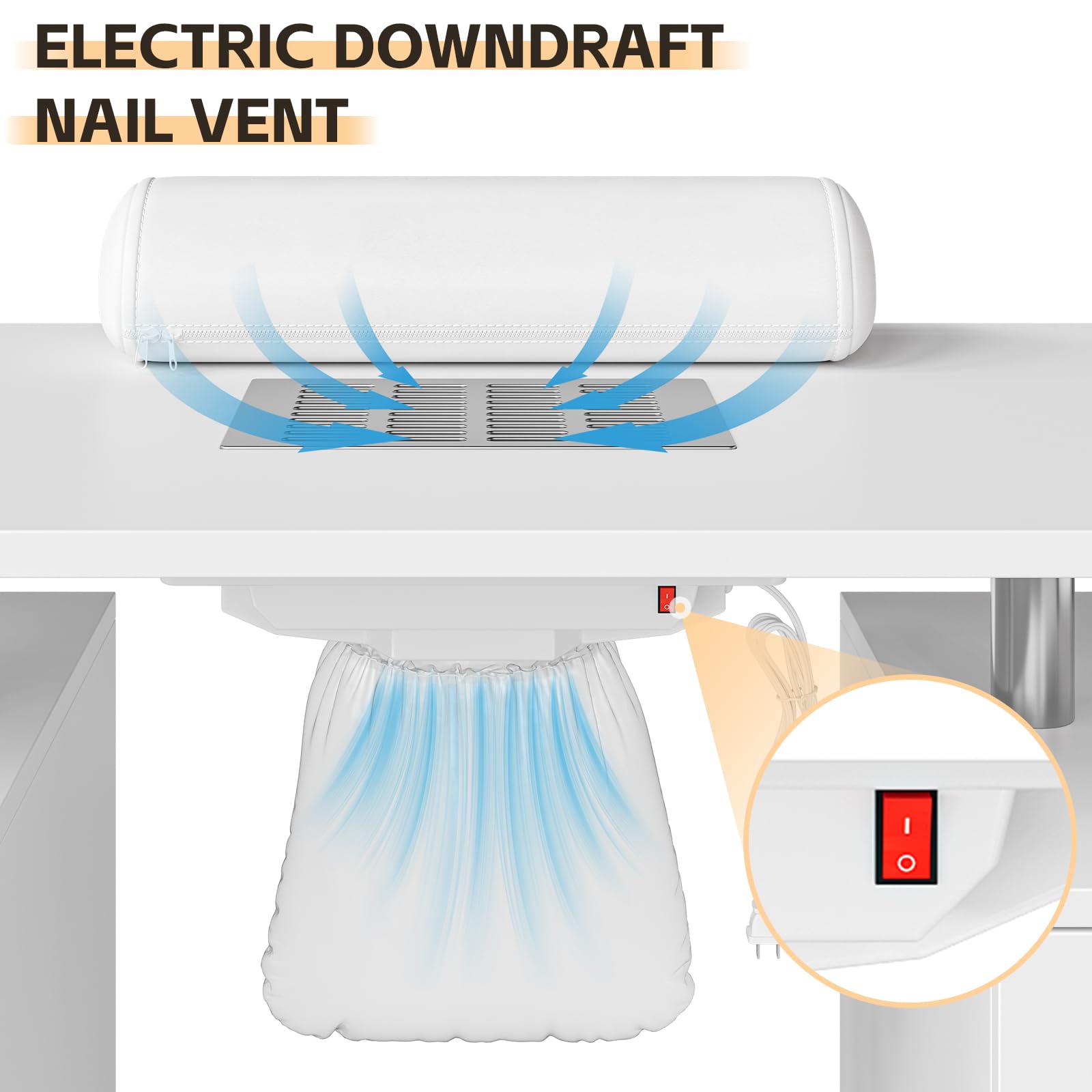 Beauty Salon Resistant with Drawers & Cabinet, Nail Desk Station for Nail Tech with Electric Downdraft Vent & Locking Castors & Wrist Cushion, Manicure Table Nail Desk for Spa Beauty Salon