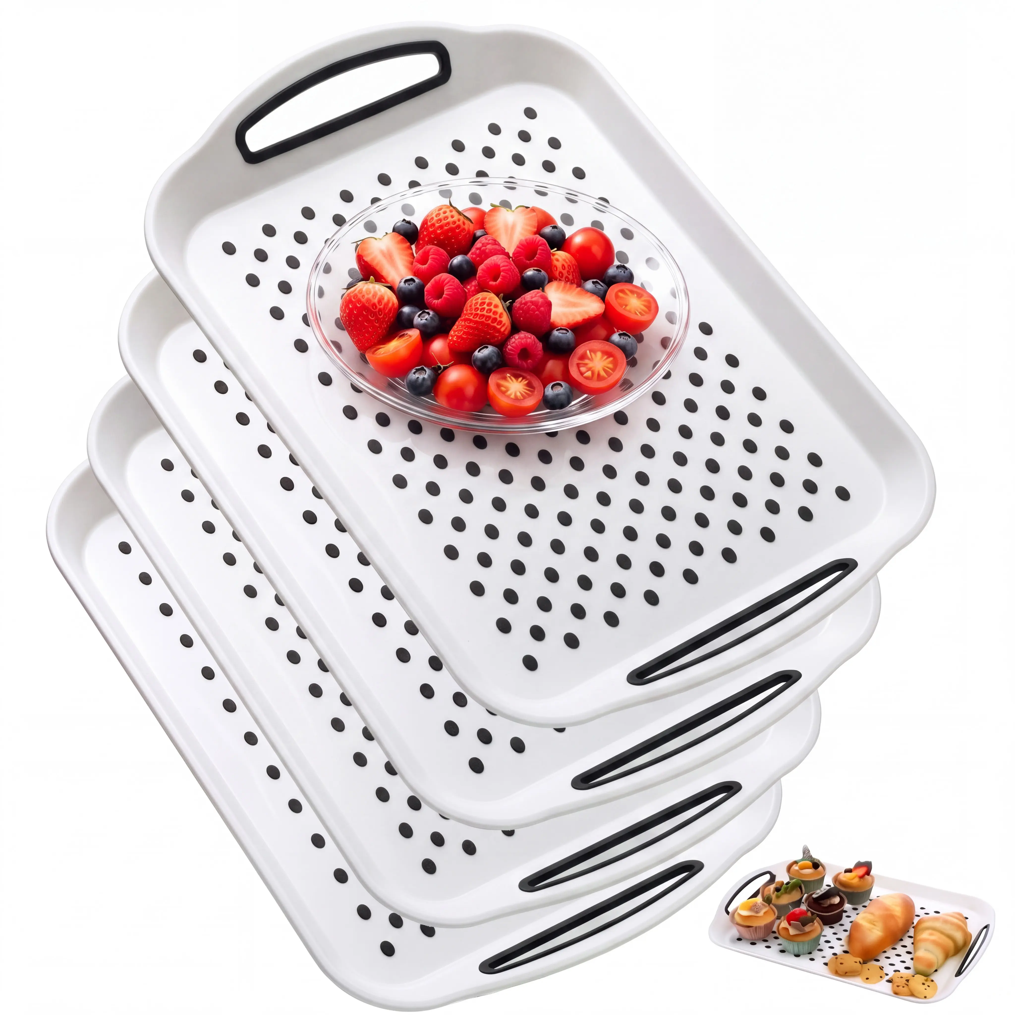 4-Pack Non-Slip Serving Trays with Handles – Rectangular Plastic Food Trays for Restaurant, Coffee Table & Home Use – 15.7"L x 11.2"W x 2.1"H, Assorted Colors