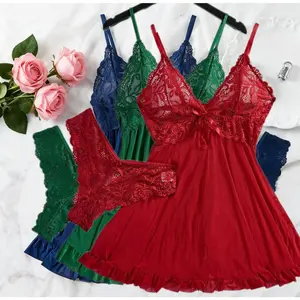 Set Lace Nightgown Women Exquisite Homewear Nighties Pajamas Transparent Split Nightdress V-Neck Bra Panty Sets Sexy Sleepwear For Sleeping Night Dress Women Lingеrie Sets Deep V Slip Nightgowns And Panties Lace Ruffle Trim Underwear Pajama
