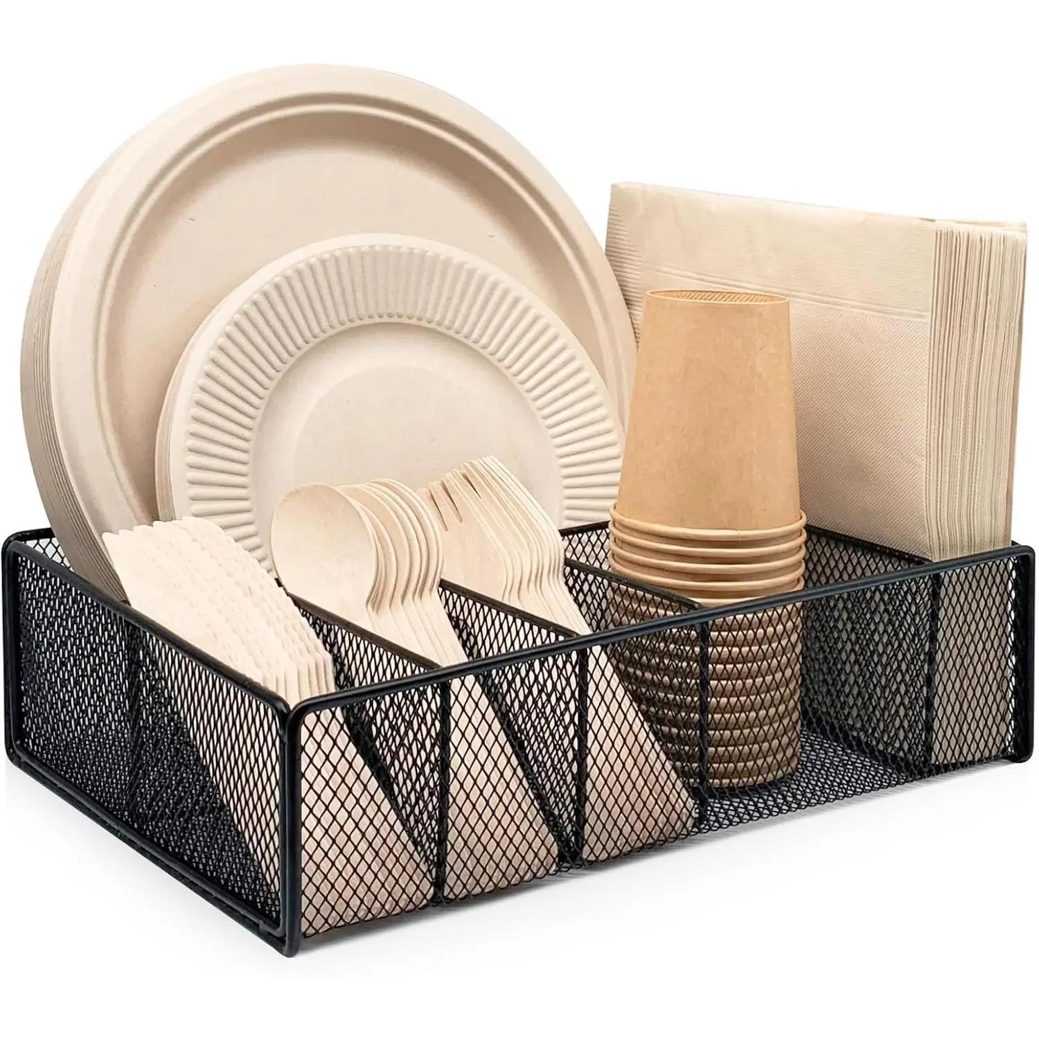 Metal Paper Plate Holder - Utensil Silverware Caddy for Kitchen Counter Cabinet - Cutlery Flatware Organizer Storage Dispenser Box for Plastic Spoon Fork Plates Napkins Cup - Party Camping Black