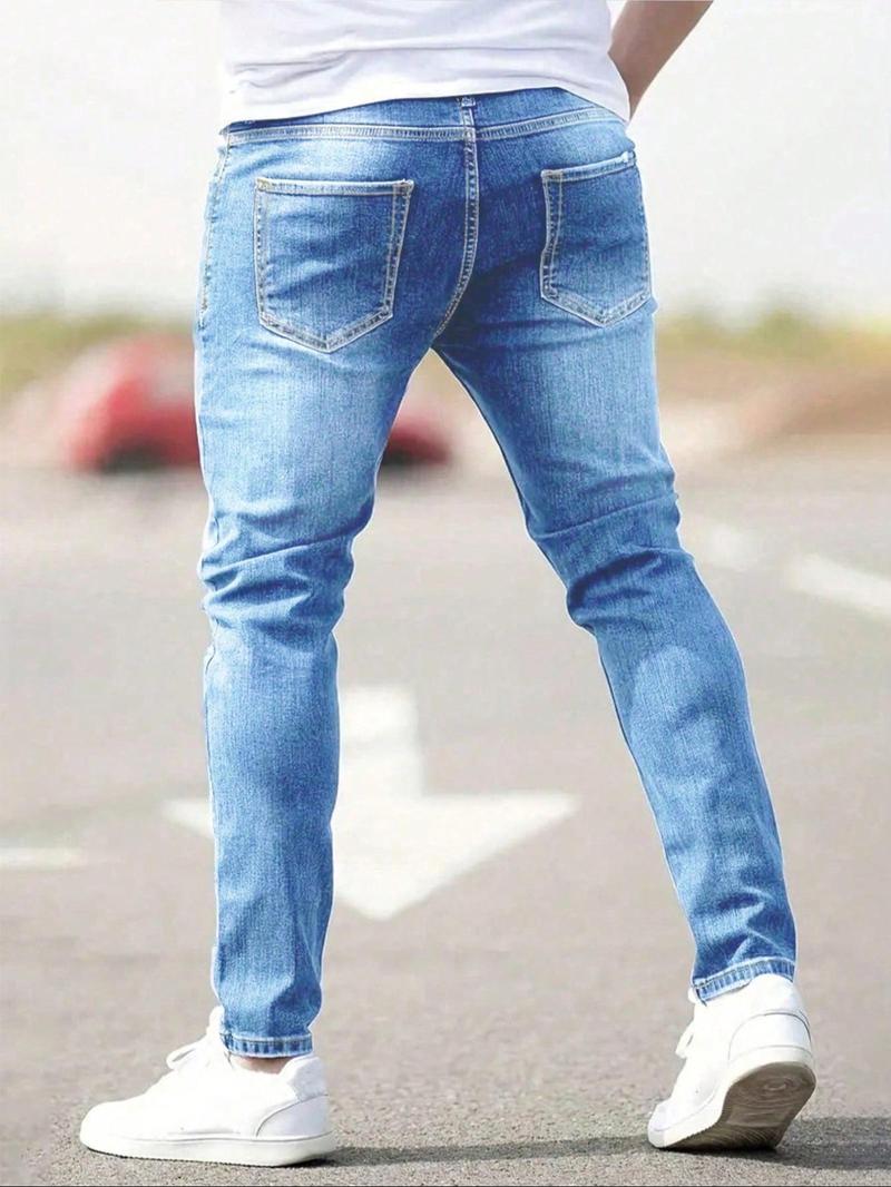 Big & Tall Men's Street-Style Light Blue Ripped Slim-Fit Jeans. Classic fit combined with simple street-style rips, offering casual yet fashionable vibes, perfect for men's daily wear and casual outings.