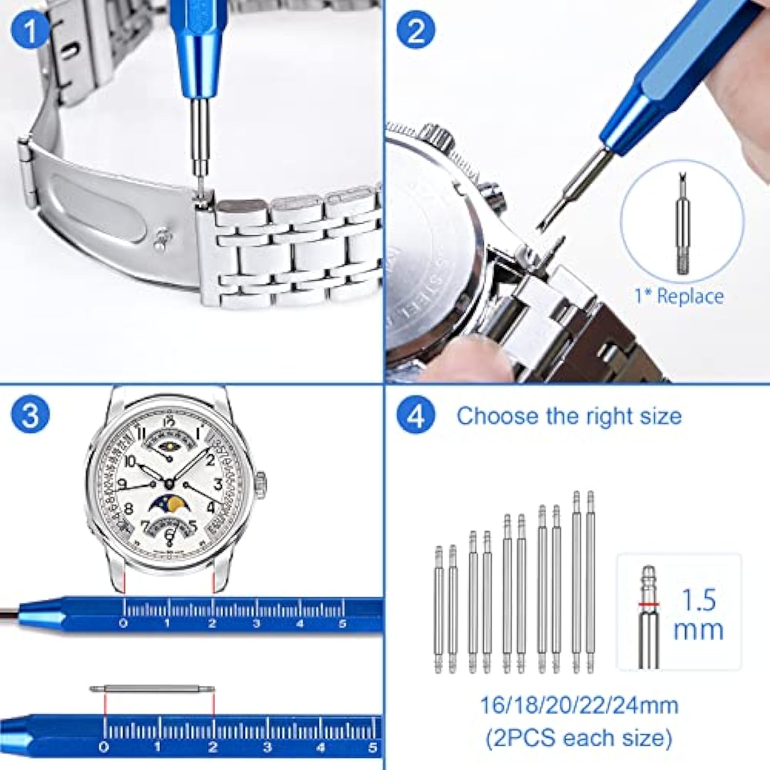 JOREST Watch Link Removal Tool Kit, Watch Band Tool for Watch Repair, Bracelet Adjustment, Replacement and Resizing, Watch Strap Link Remover, with 10 Spring Bars, 10 Pins, User Manual