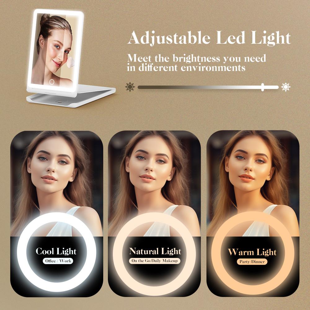 Jack & Rose Travel Makeup Mirror with 3 Color Lights，Adjustable Height and Angle,Portable Folding Mirror，Touchable Screen，Adjust Brightness Summervibes