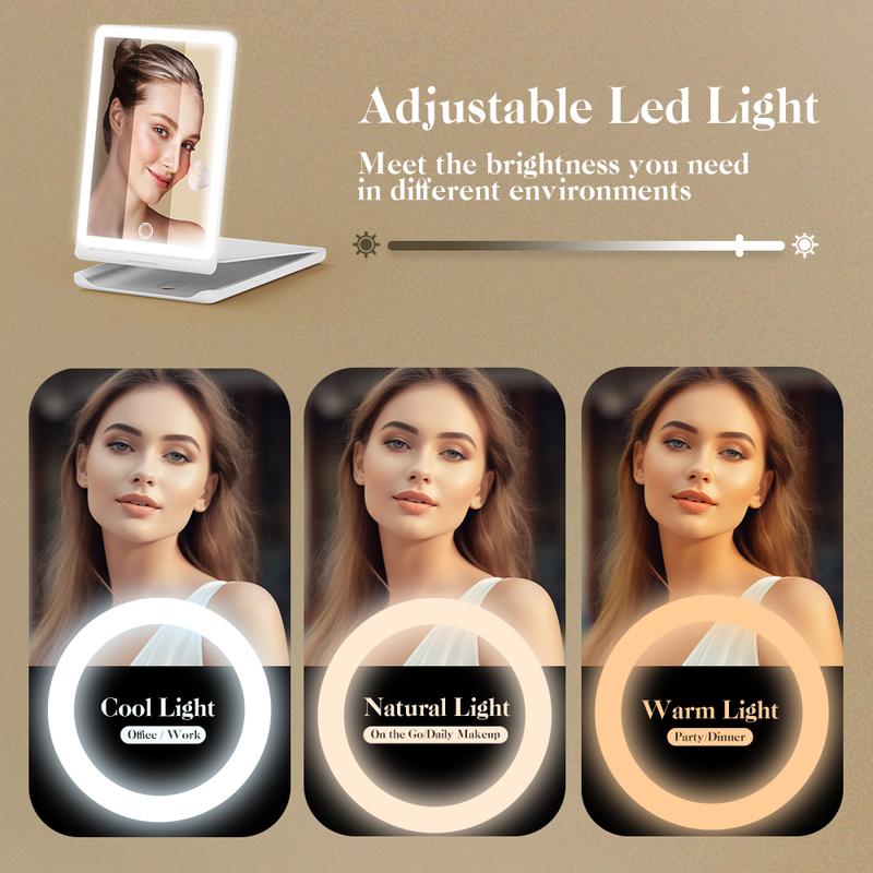 Jack & Rose Travel Makeup Mirror with 3 Color Lights，Adjustable Height and Angle,Portable Folding Mirror，Touchable Screen，Adjust Brightness