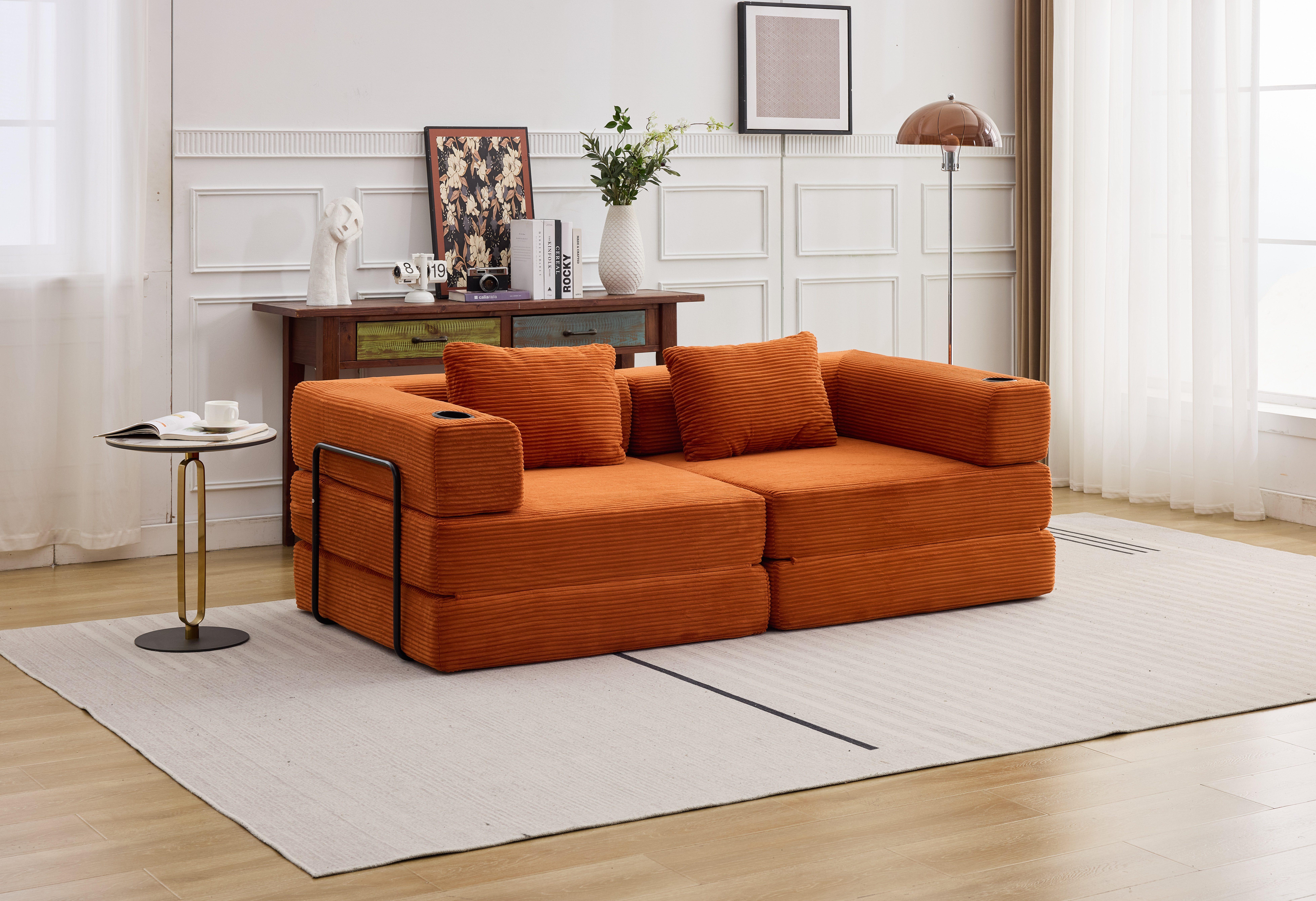 QAK 115" Modular Floor Sofa Bed with Two Cup Holders High-Quality Corduroy Fabric Free Combination Design Premium Sponge Padding Multifunctional for Small Spaces Living Room Mattress