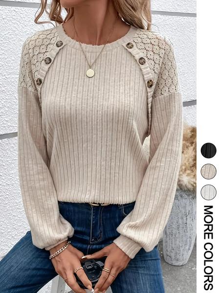 Women's Contrast Floral Lace Button Decor Ribbed Tee, Casual Drop Shoulder Long Sleeve Round Neck T-shirt for Spring & Fall, Fashion Women's Knitwear Tops for Daily Wear