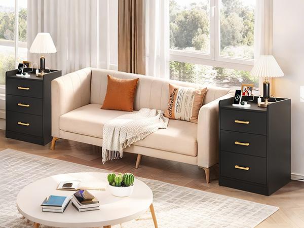 FOTOSOK Nightstands Set of 2 Black Nightstand with Charging Station, 3 Drawer Nightstand with Gold Handles, Side Table for Home Office