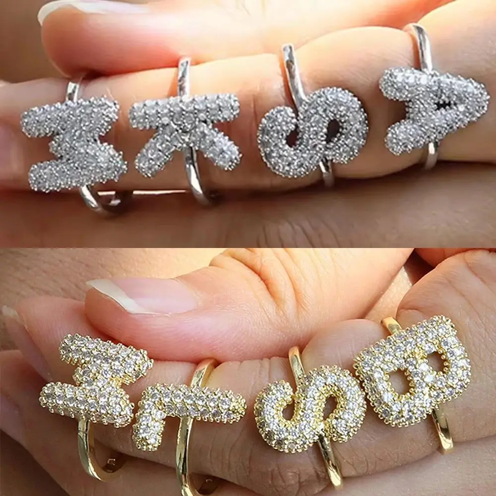 Adjustale CZ Zircon Letter Initial Finger Ring for Women Adjustable Gold Plated Balloon Bubble A-Z Alphabet Chunky Rings Jewelry