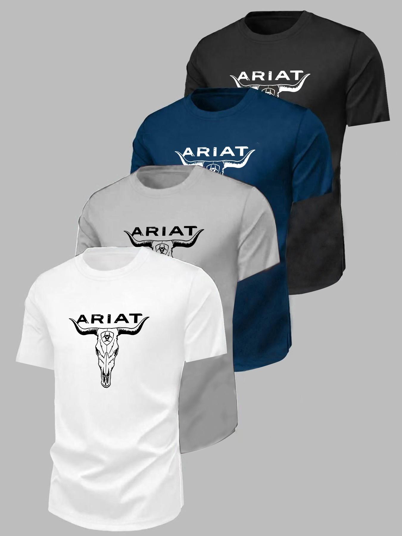 Street Style Cool Streetwear T-Shirt Set, Western Bull Head Print, Slim Fit, Casual Short Sleeve, Unisex, All Seasons, 4 Pieces